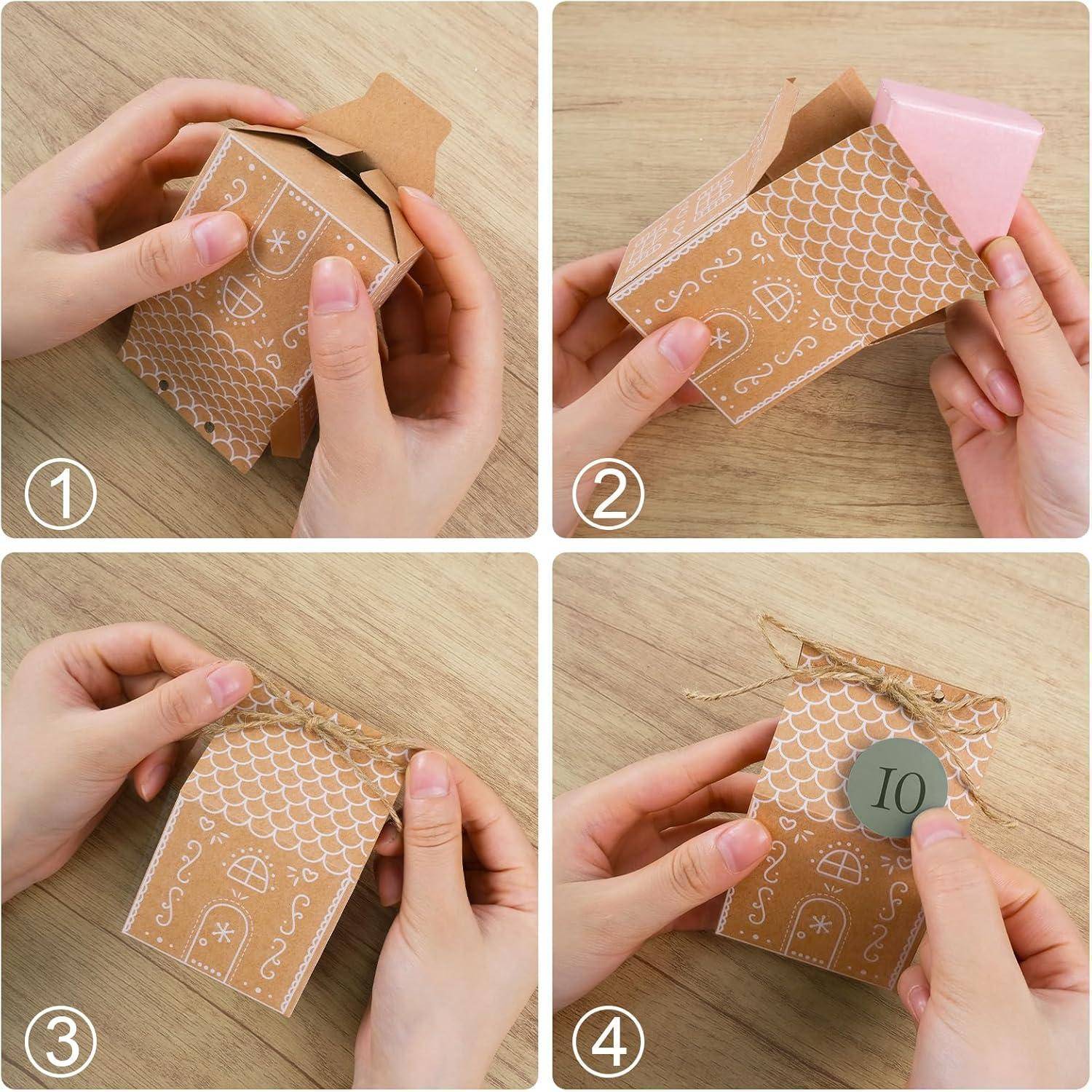 Vier Schritte zum Öffnen einer kleinen, dekorativen Geschenkbox: 1) Den Deckel anheben, 2) Rosa Seidenpapier enthüllen, 3) Seidenpapier entfernen, 4) Rundes Token mit '10' aufdecken.