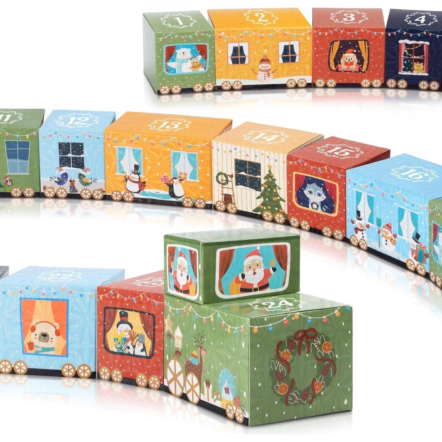 Ein Zug aus bunten Kästen, die nummeriert sind und Weihnachts-Motive zeigen, als Symbol für einen Adventskalender.