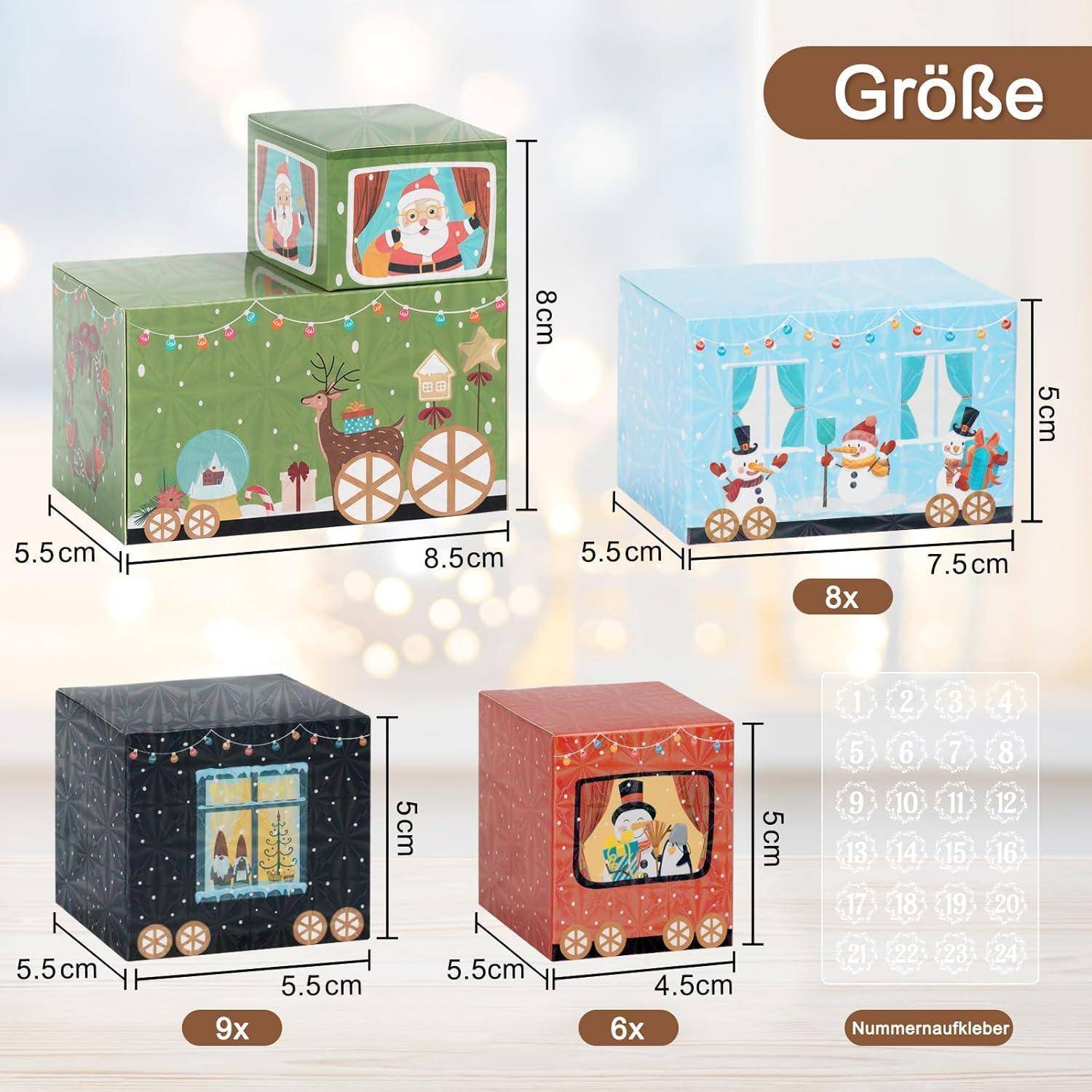 Größe' Überschrift: Fünf Geschenkboxen mit Weihnachtsdesigns in verschiedenen Größen (5-9 cm). Enthält Etiketten: 9x schwarz, 8x blau, 7x grün, 6x rot.