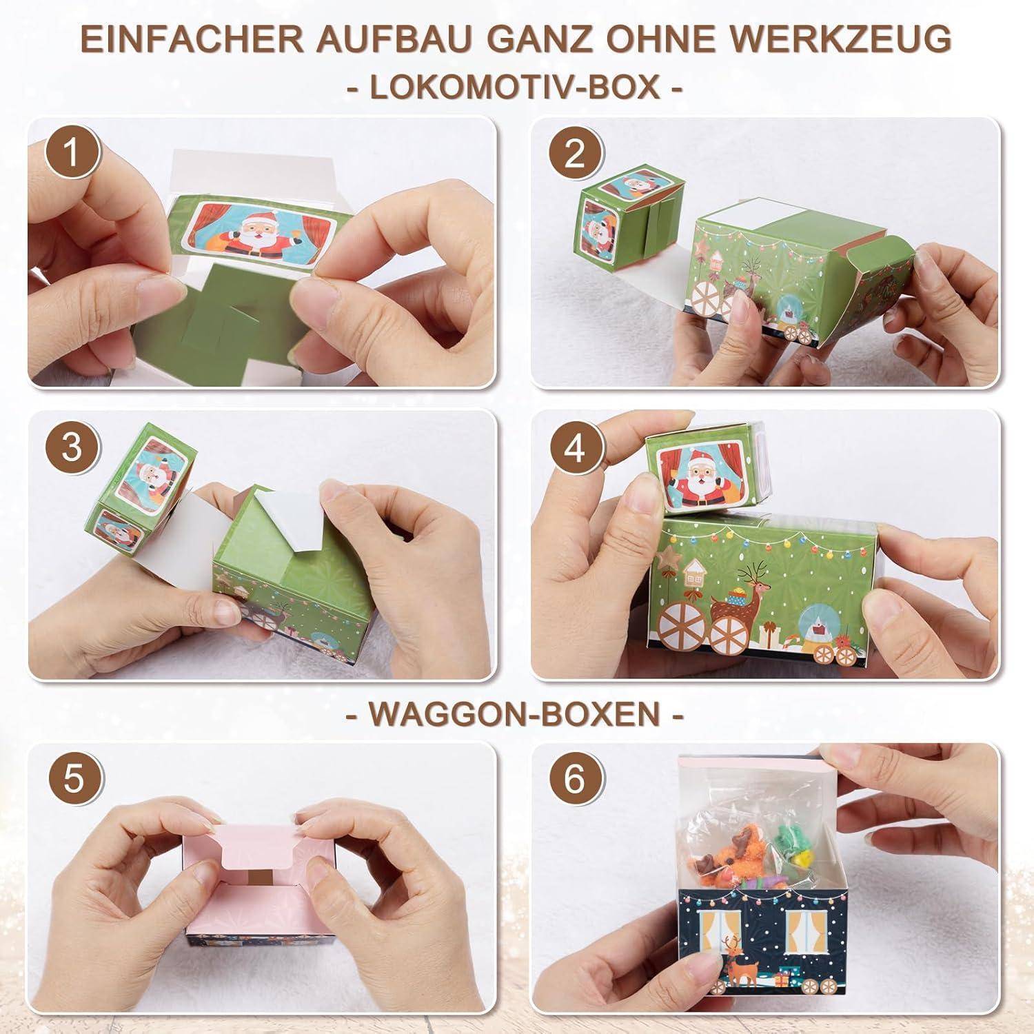 Sechsstufige Anleitung zeigt das Zusammenbauen von Lokomotiven- und Waggon-Geschenkboxen. Beinhaltet Bilder zum Falten und Sichern der Kanten, mit fertig montierten Boxen.