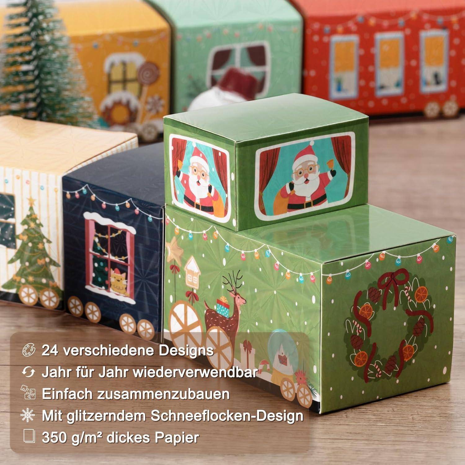 Geschenkkartons mit festlichen Designs, die den Weihnachtsmann, ein Rentier und einen Kranz zeigen. Text auf Deutsch beschreibt ihre Wiederverwendbarkeit und Konstruktion.