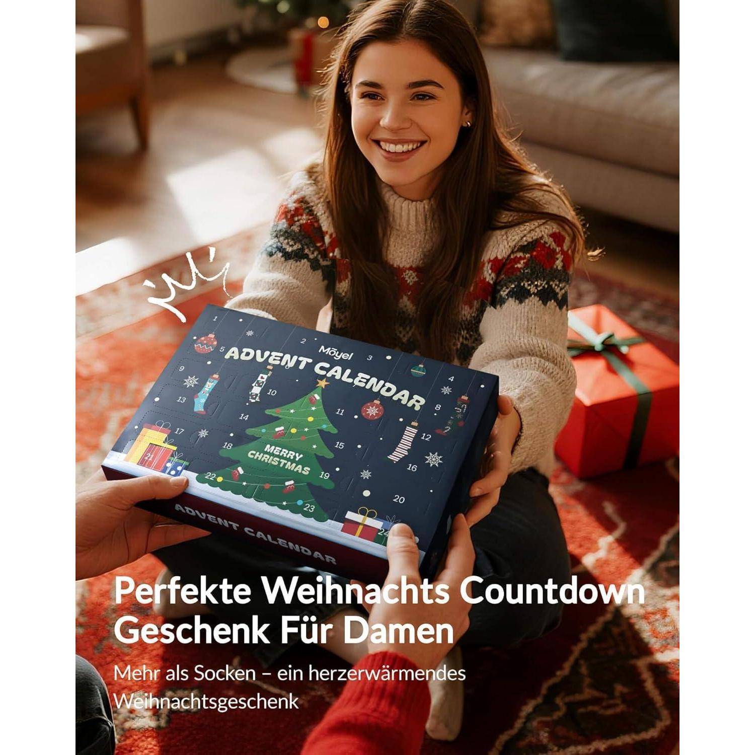 Eine lächelnde Frau erhält eine weihnachtlich gestaltete Adventskalender-Geschenkbox. Text lautet: 'Perfektes Weihnachts-Countdown-Geschenk Für Damen.