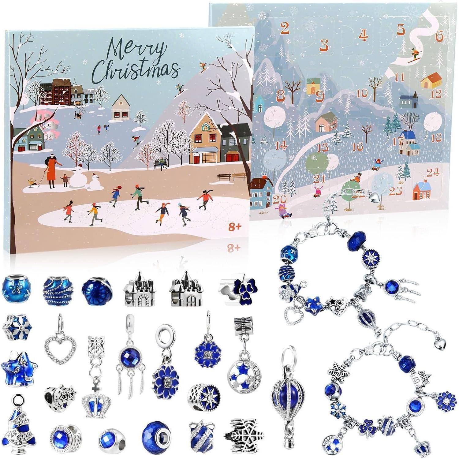 Weihnachtlich gestalteter Adventskalender mit zwei Teilen: eine verschneite Dorfszene und ein Bettelarmbandset mit blauen und silbernen Anhängern.