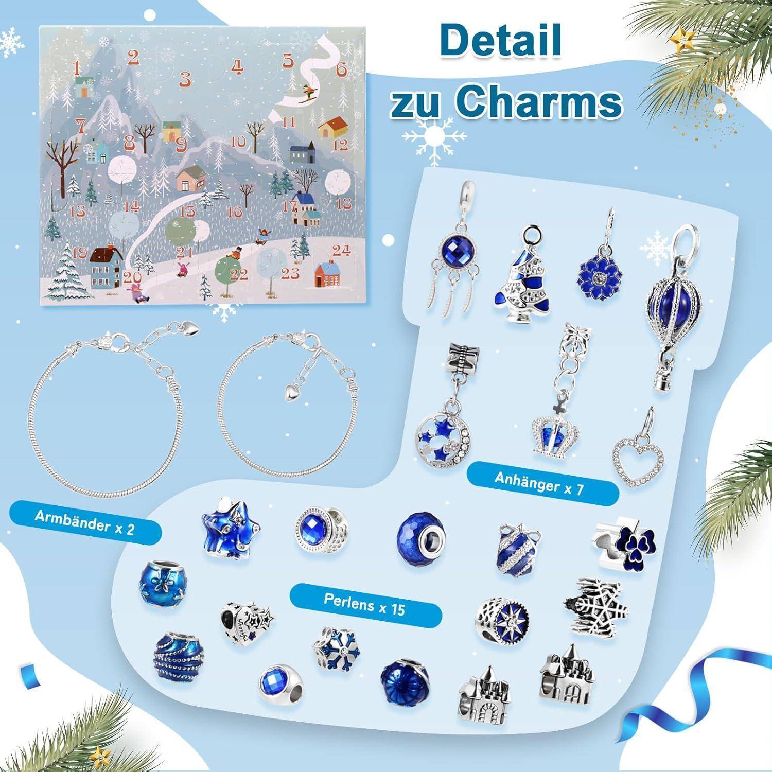 Ein festlicher Adventskalender mit nummerierten Tagen, verziert mit winterlichen Motiven wie Schneeflocken und Bäumen. Enthält zwei Armbänder und mehrere blaue Charms.
