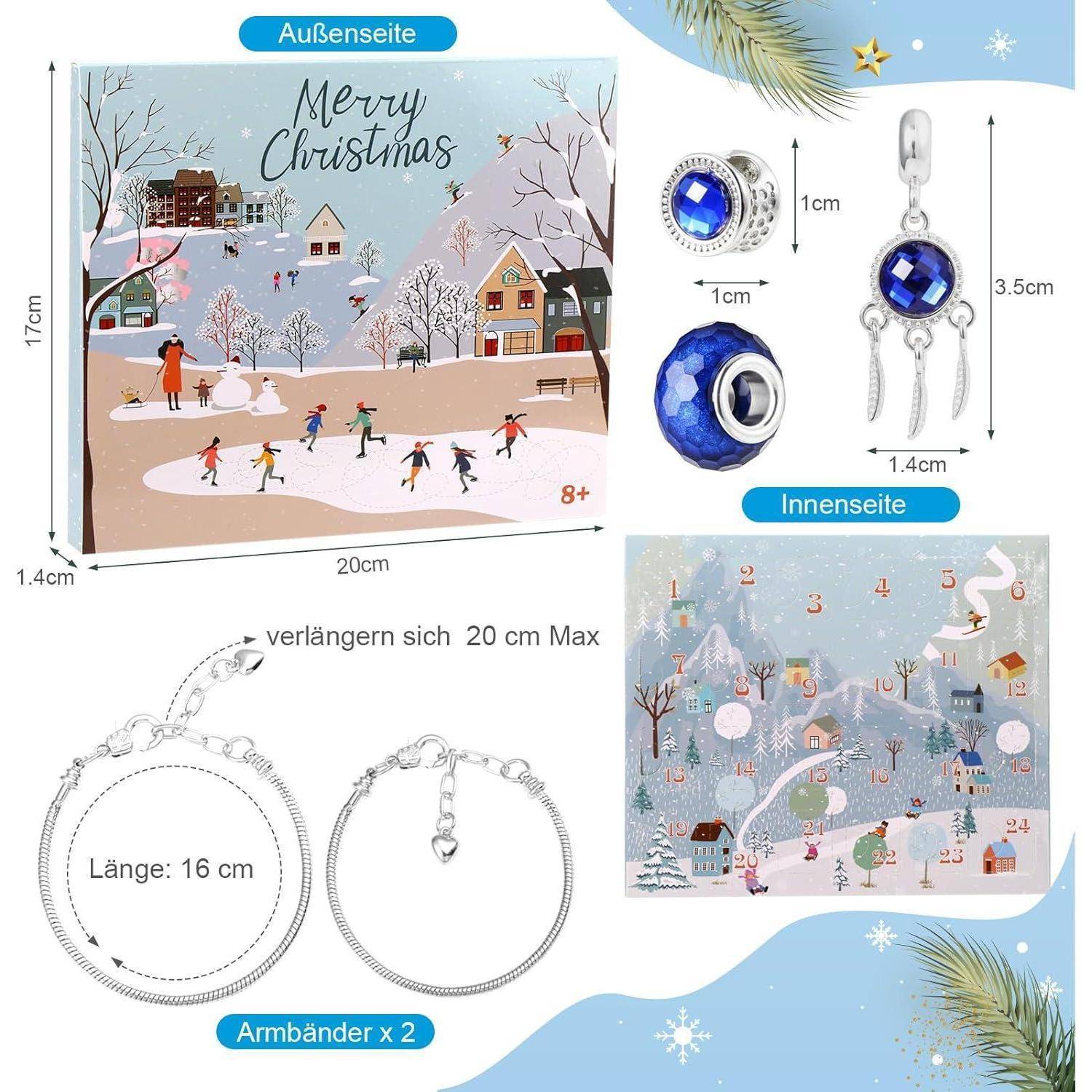 Weihnachtskarte "Frohe Weihnachten"" mit winterlicher Dorfszene. Enthält Anhänger, Armband, Ohrringe und ein zweites verschneites Landschaftsbild.