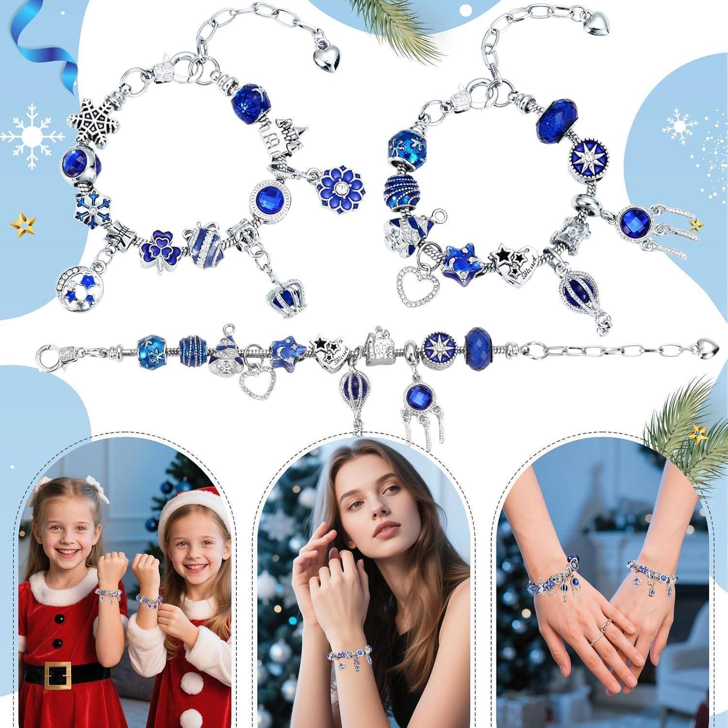 Drei Bettelarmbänder, geschmückt mit blauen und silbernen Perlen in verschiedenen Formen. Darunter befinden sich Bilder von Menschen, die die Armbänder tragen.