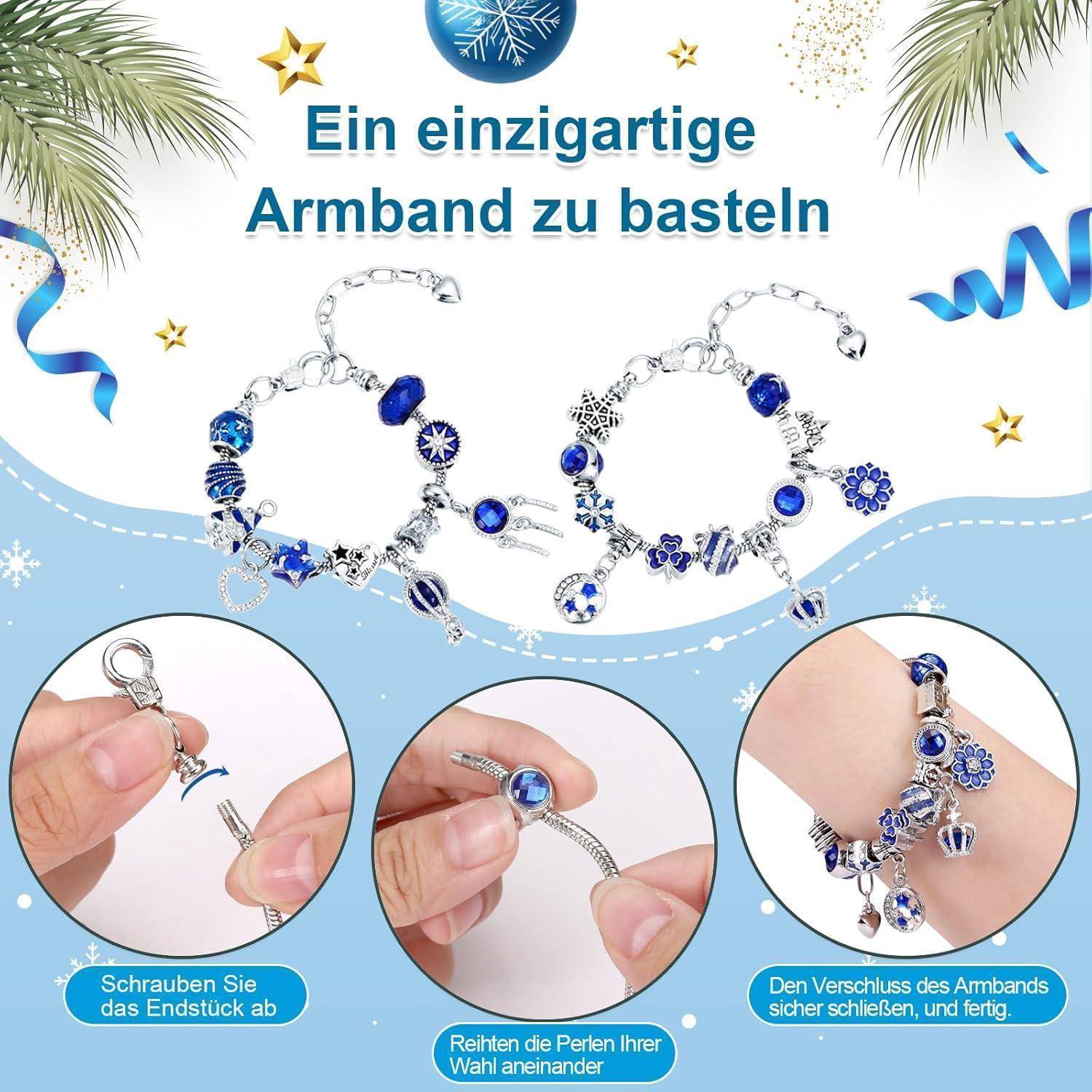 Die Abbildung zeigt ein DIY-Armband-Bastelset in Blau und Silber, mit Schritt-für-Schritt-Anleitung auf Deutsch, um ein einzigartiges Armband zu erstellen.