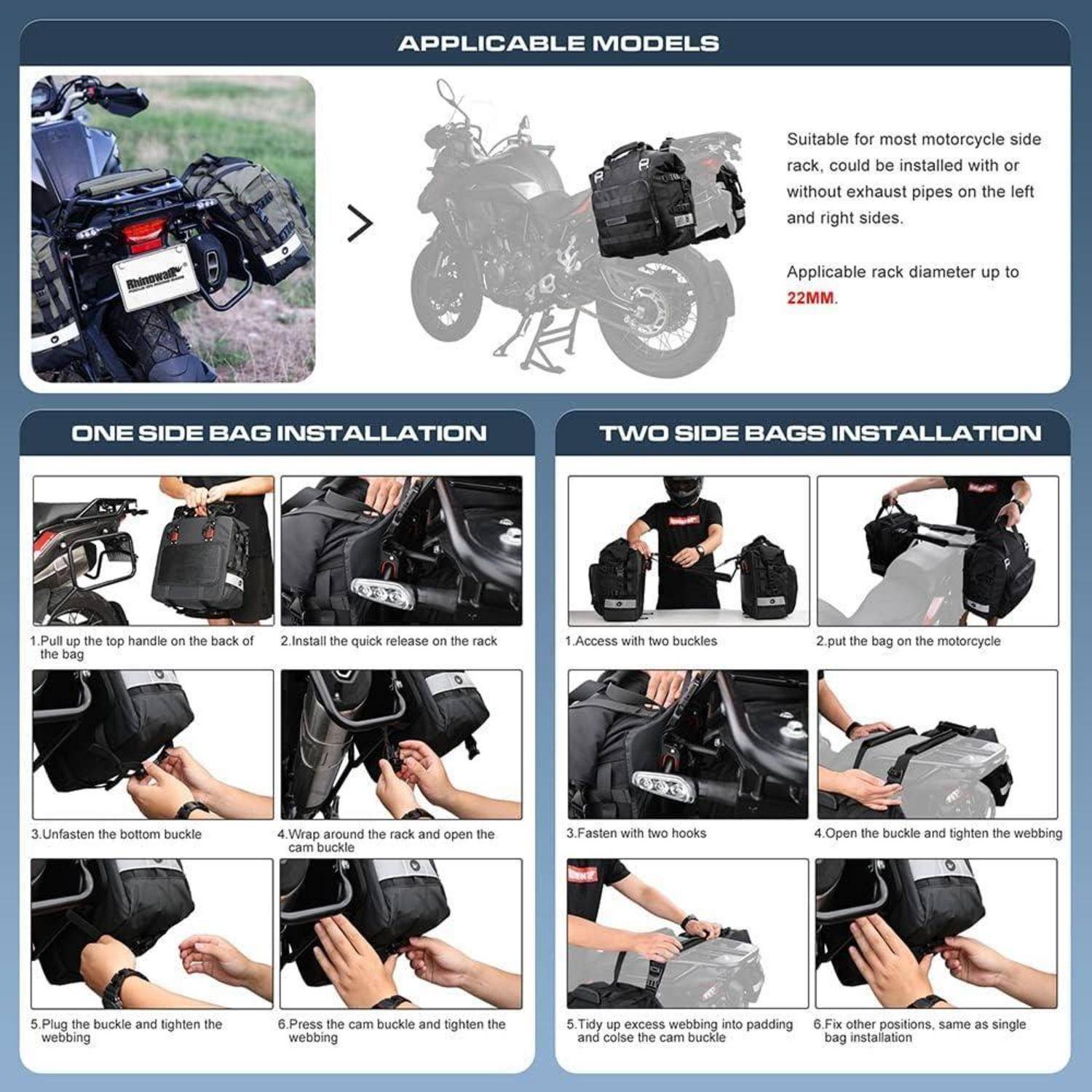 Passende Modelle: Geeignet für die meisten Motorrad-Seitenträger. Installationsanleitung: Installation von ein- oder zweiseitigen Taschen mit Schritt-für-Schritt-Bildern.