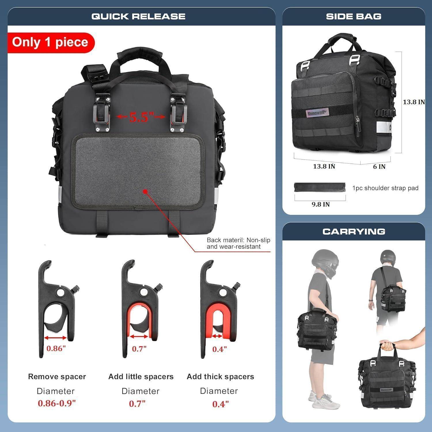 Eine elegante schwarze Motorradtasche mit Schnellverschlusssystem, Seitentaschendimensionen, Traghinweisen und detaillierten Anweisungen für Abstandshalter.