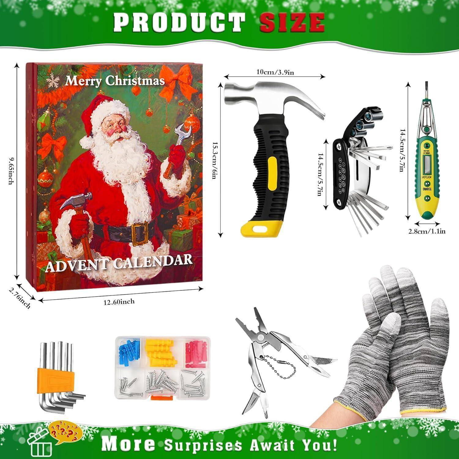Adventskalender-Box mit Weihnachtsmann und verschiedenen Werkzeuggeschenken wie Hammer, Handschuhen und beschrifteter Schraubendreher-Set-Verpackung mit Maßangaben.