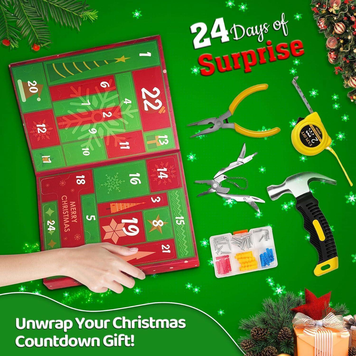 Adventskalender mit '24 Tage voller Überraschungen' Text, umgeben von weihnachtlich thematischen Bildern, Werkzeugen, Geschenken und Dekorationen.