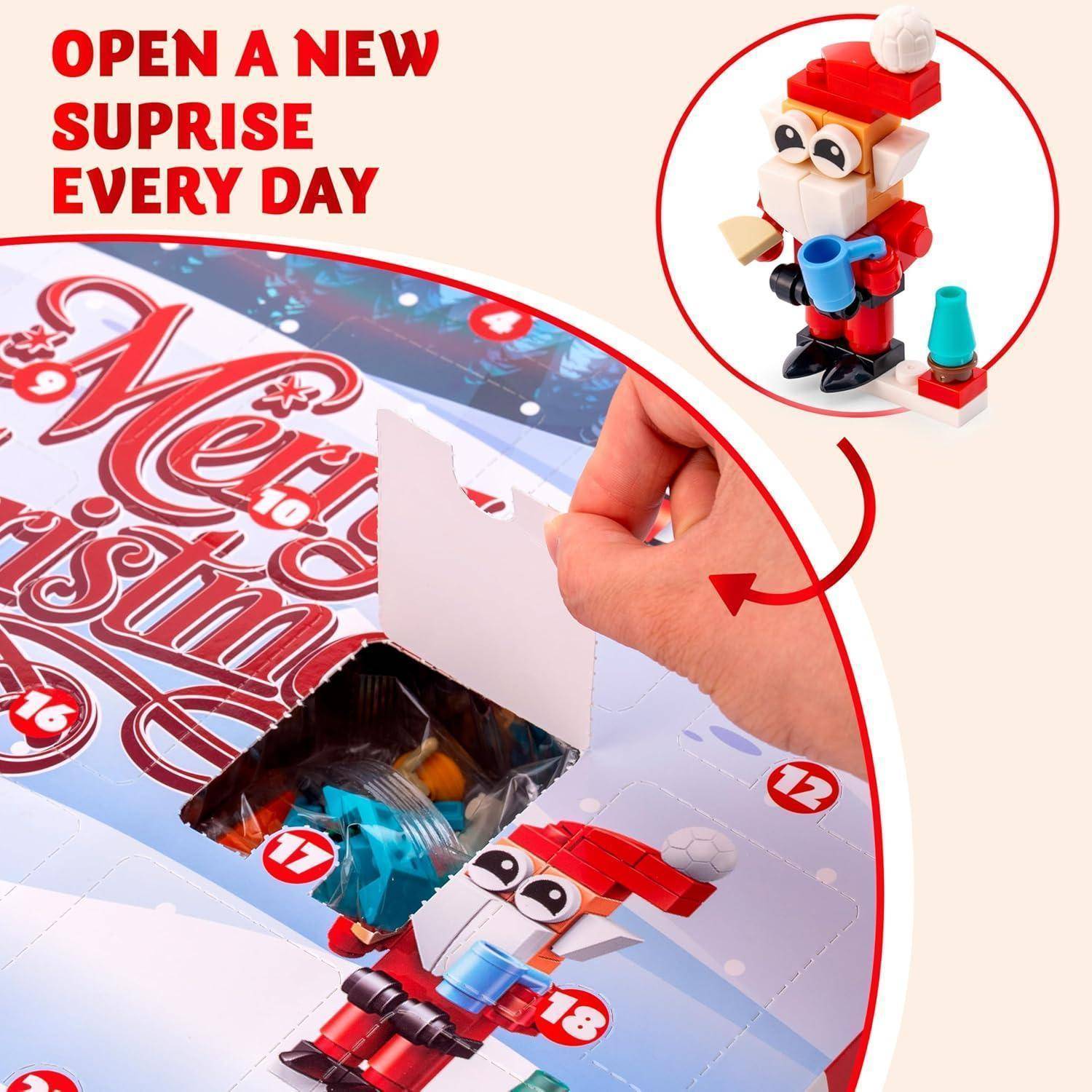 Hand öffnet eine Box im Adventskalender und enthüllt Spielzeugteile. Text lautet: 