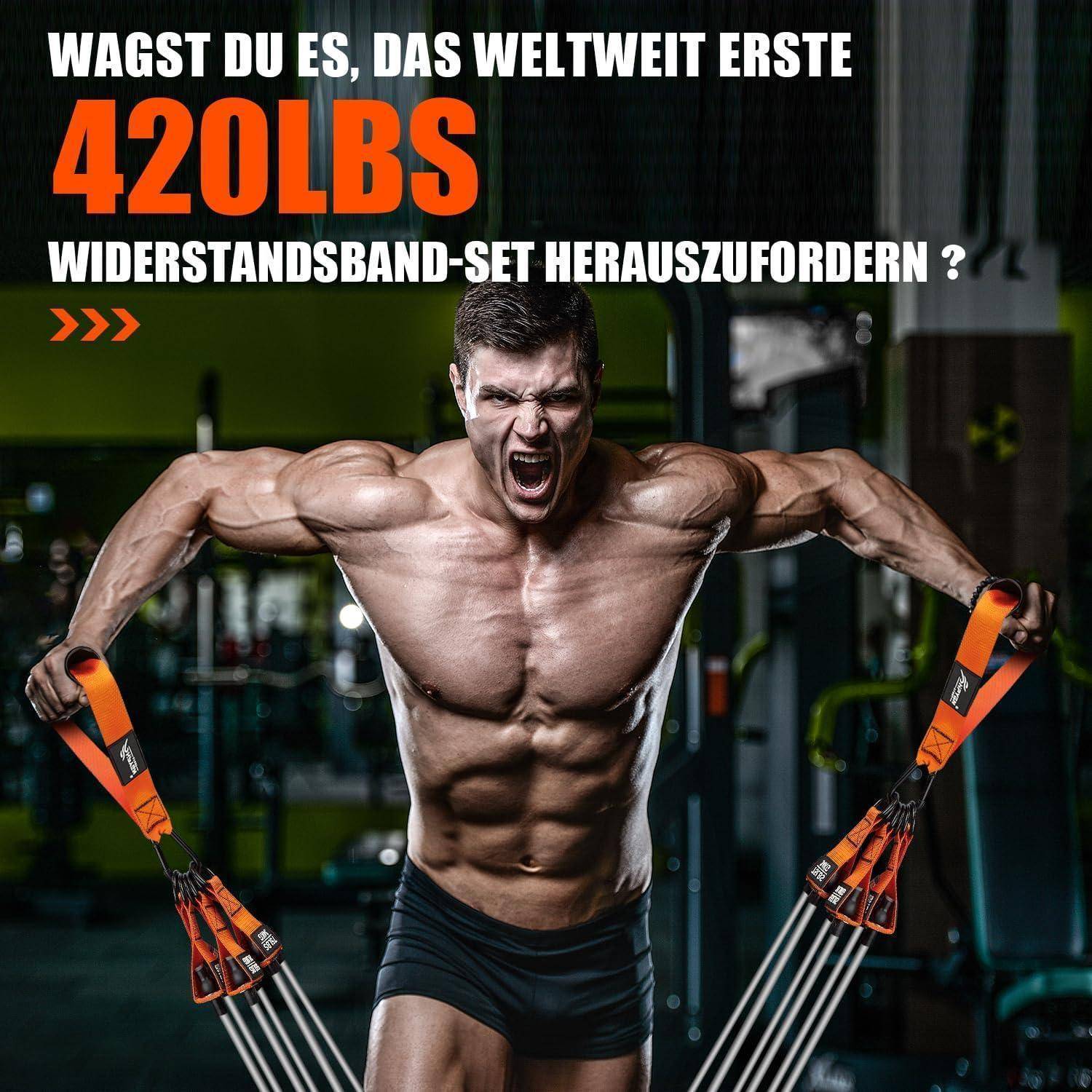 Ein muskulöser Mann, der Widerstandsbänder in einer Gymumgebung verwendet. Der Text lautet: 
