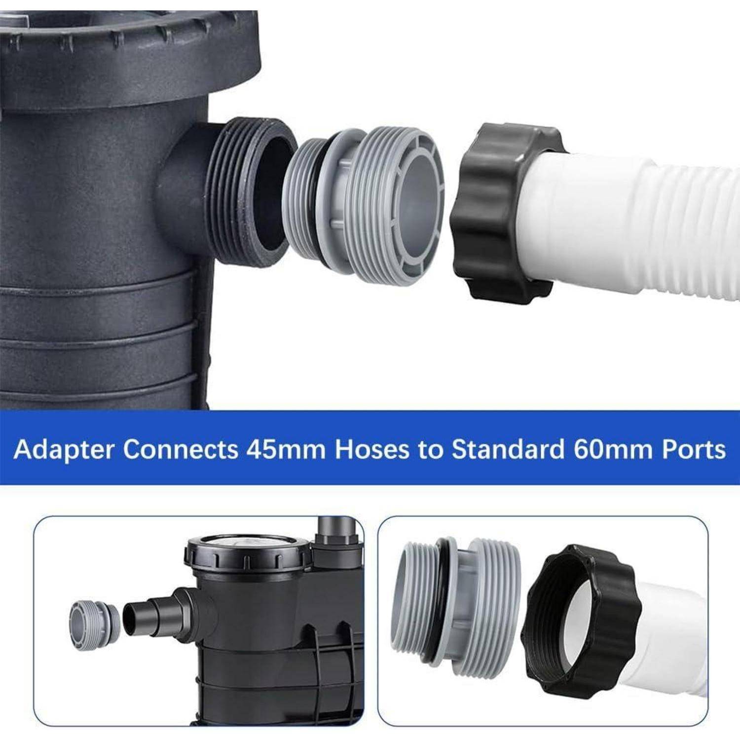 Adapter verbindet 45-mm-Schläuche mit 60-mm-Anschlüssen. Bild zeigt zwei Schläuche und einen Adapter, die zusammengebracht werden und die Kompatibilität verdeutlichen.
