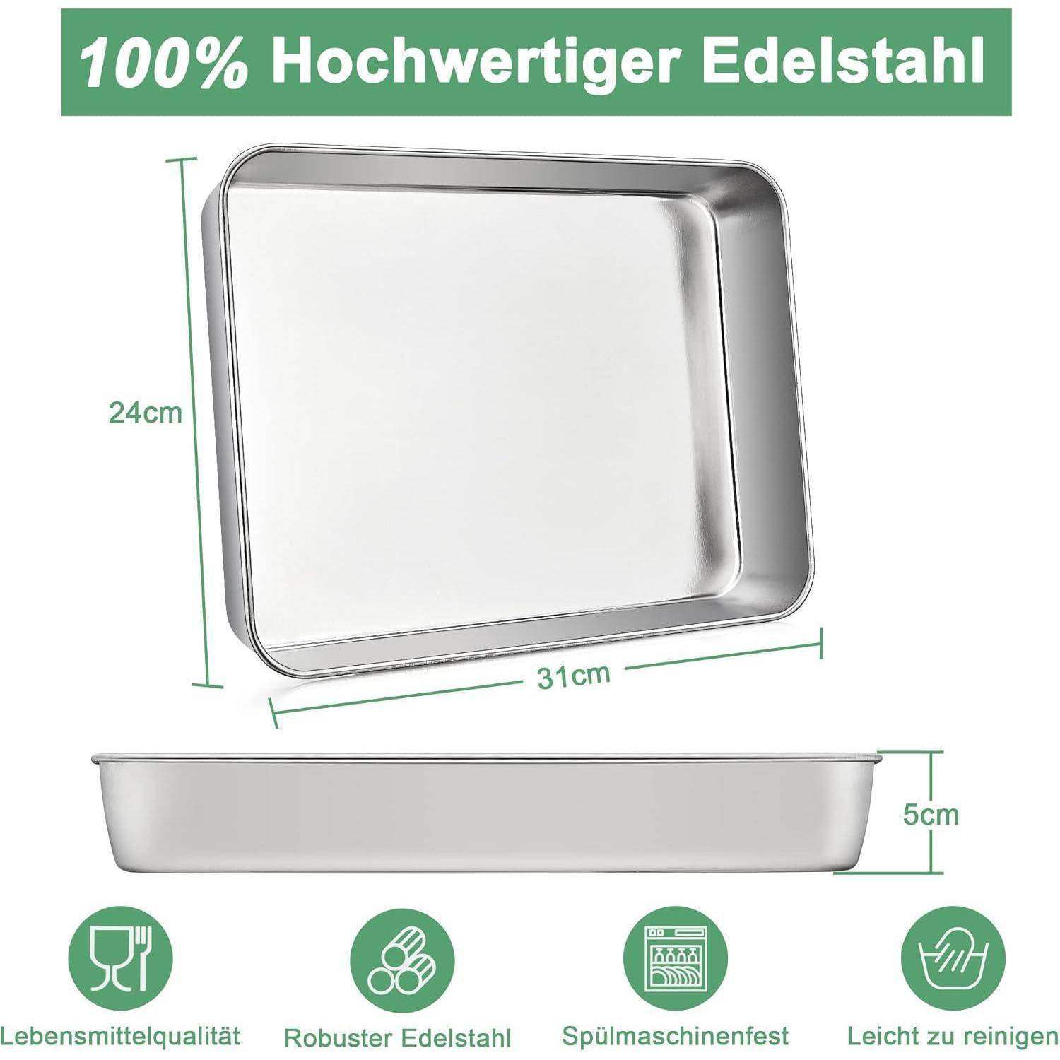 Premium Edelstahl-Backblech, 31 cm x 24 cm x 5 cm. Eigenschaften: lebensmittelecht, robust, spülmaschinenfest, einfach zu reinigen.