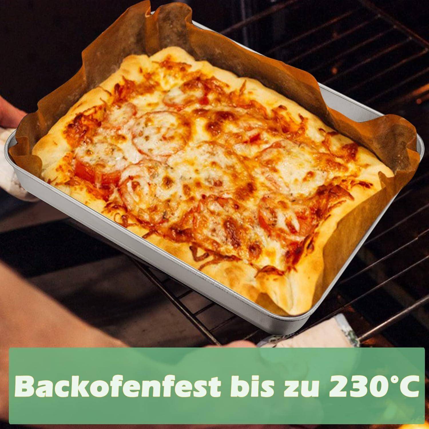 Eine Person, die eine frisch gebackene rechteckige Pizza aus dem Ofen nimmt. Text besagt 'Backofenfest bis zu 230°C'.
