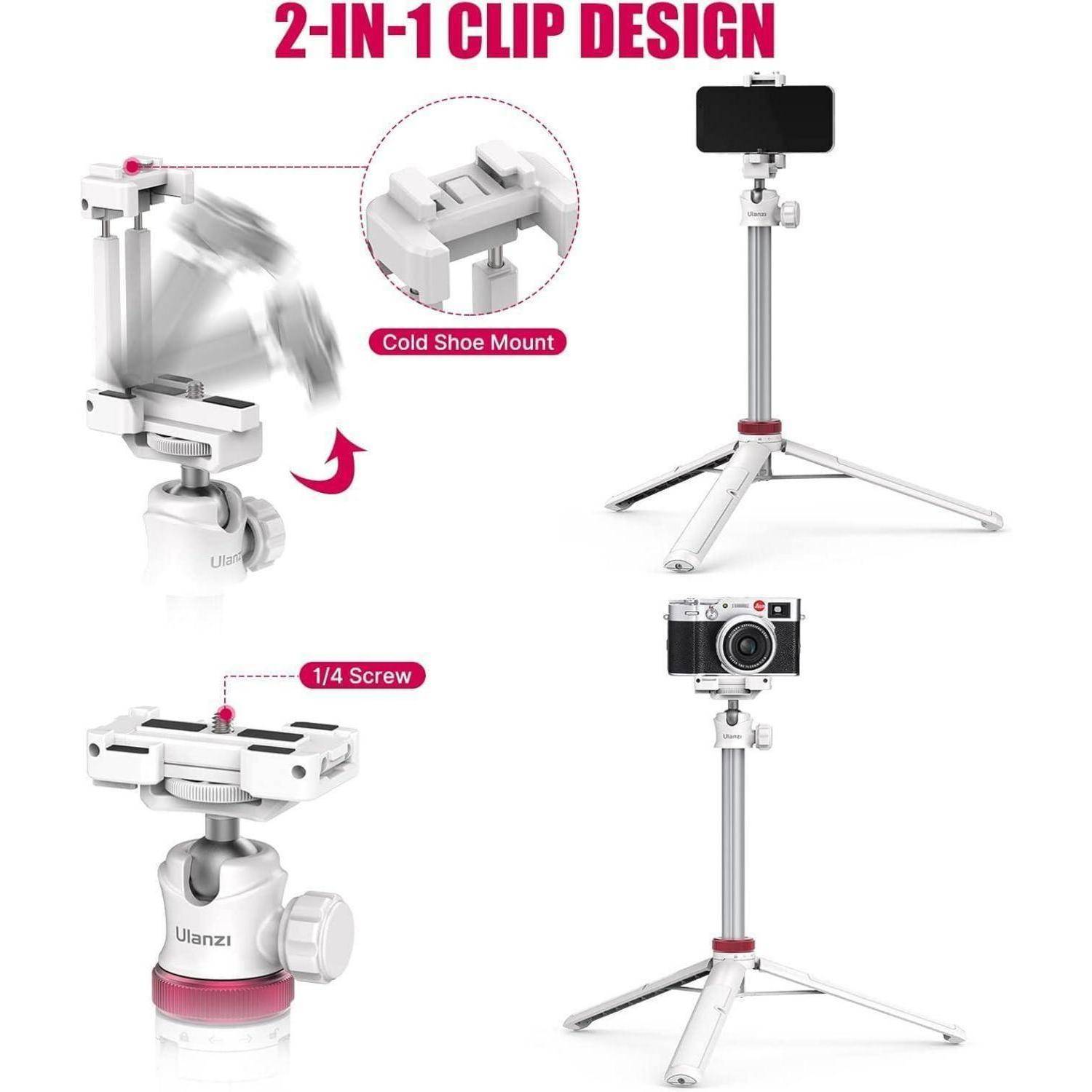 2-in-1 Clip-Design' Stativ mit Telefon- und Kamera-Anschlüssen, ausgestattet mit einer Blitzschuh-Halterung und 1/4-Zoll-Schraube. Zwei Positionen dargestellt.