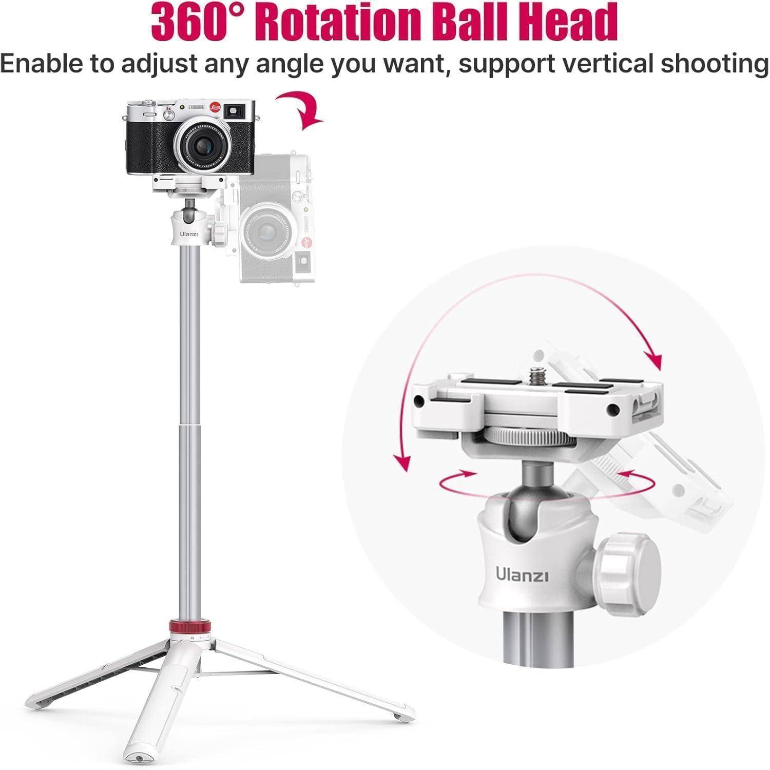 Kamera-Stativ mit 360°-Rotationskugelkopf für verstellbare Winkel, unterstützt vertikale Aufnahmen und demonstriert Flexibilität und Anpassungsfähigkeit.