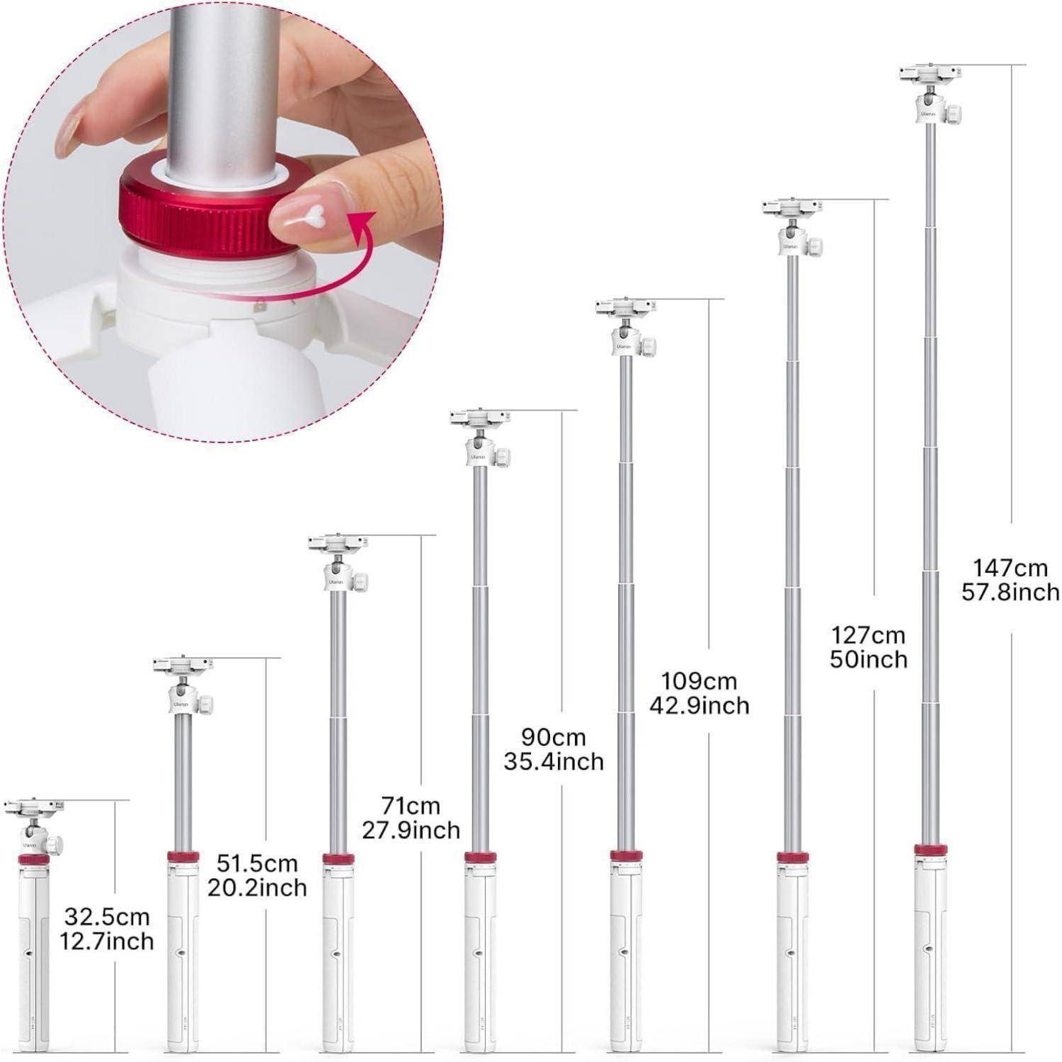 Demonstrationsvorführung einer verstellbaren Teleskop-Stange mit Höheneinstellungen von 32,5 cm bis 146,8 cm, bei der eine Hand einen roten Knopf dreht.