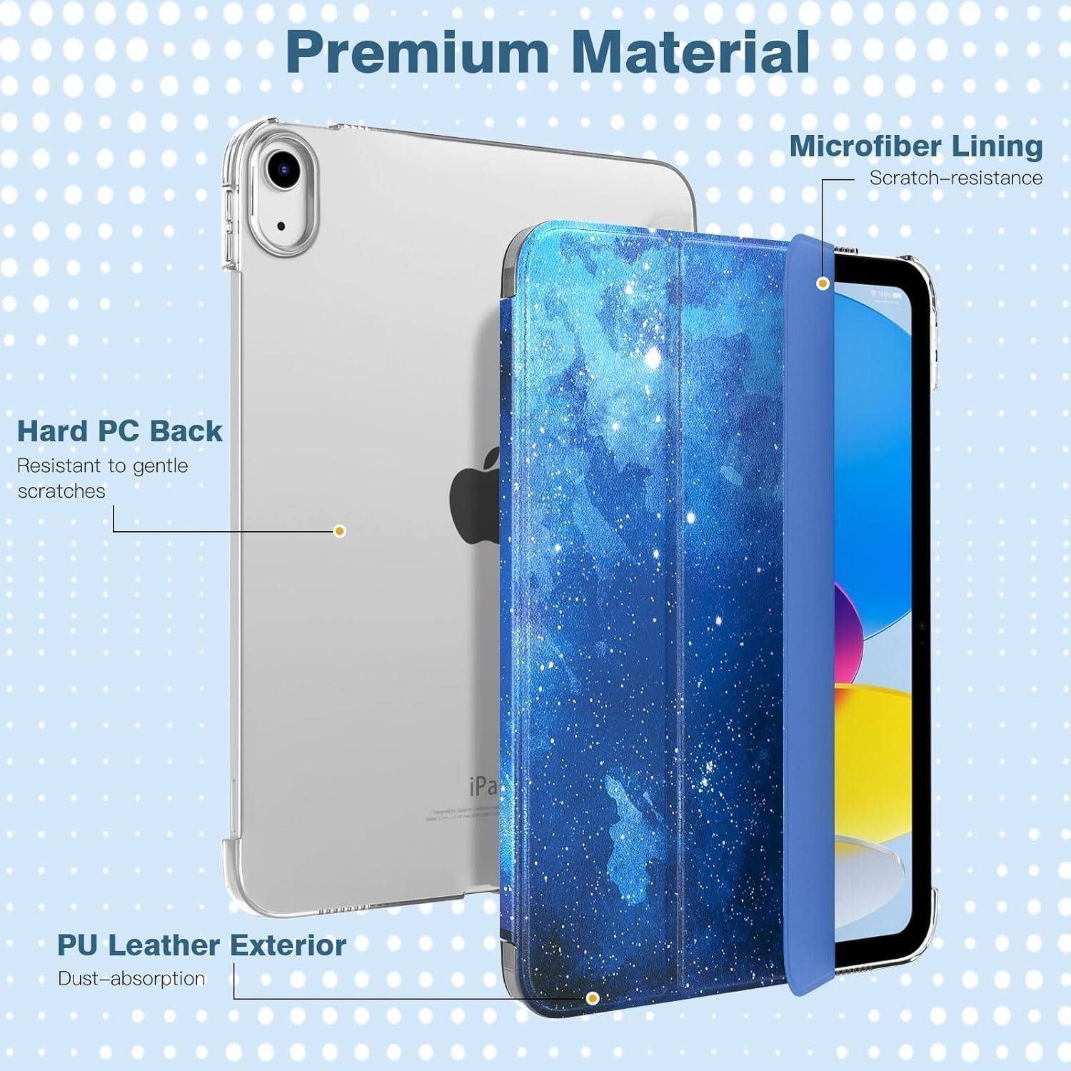 iPad-Hülle mit einem 'Premium Material'-Etikett, ausgestattet mit einem harten PC-Rücken für Kratzfestigkeit, einem Mikrofaser-Innenfutter und einem staubabsorbierenden PU-Lederaußen.