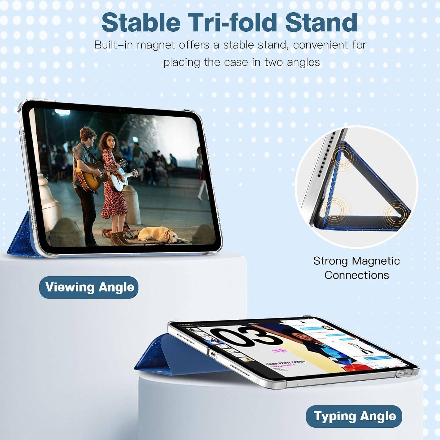 Stabiler Dreifach-Ständer für Tablet-Hülle; Bild zeigt Betrachtungs- und Tippwinkel mit starken magnetischen Verbindungen für einfache Einrichtung.