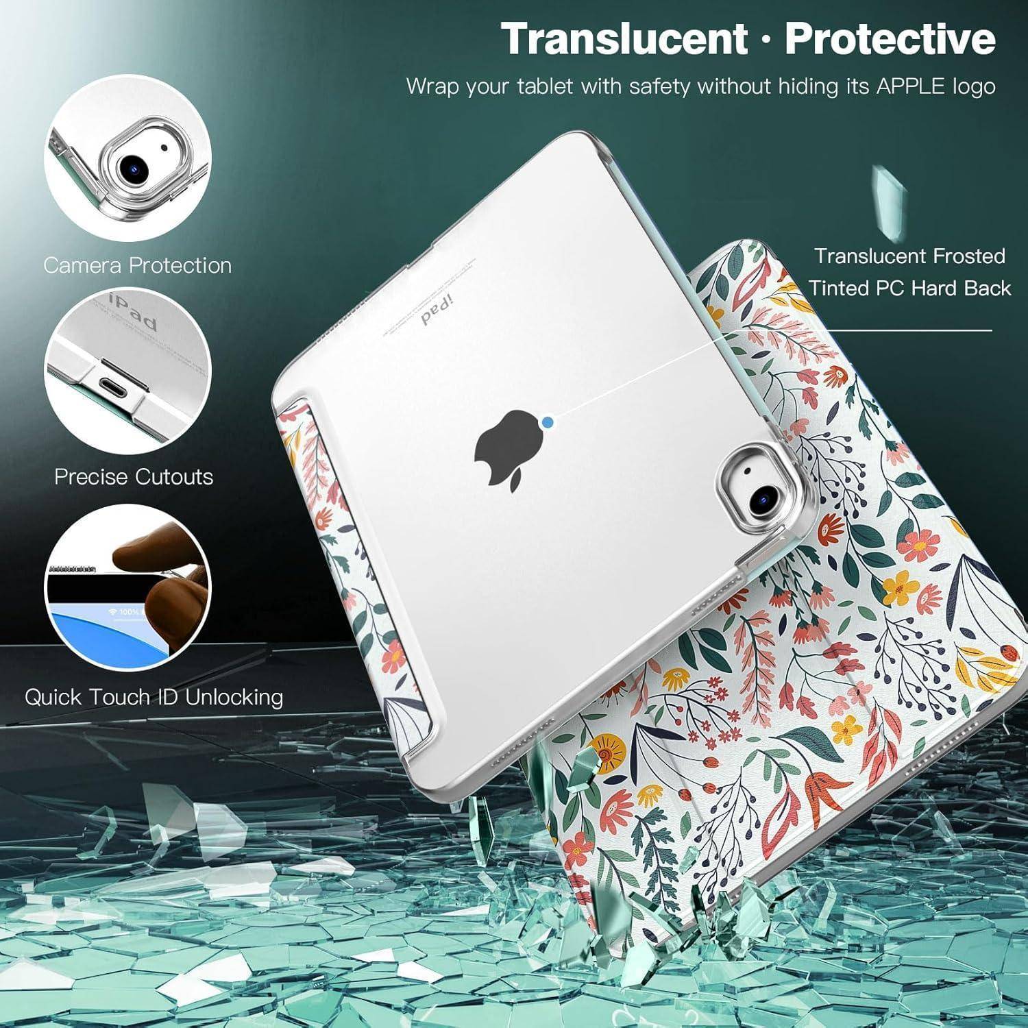Transparente Schutzgehäuse für Tablets präsentieren Kameraschutz, präzise Ausschnitte und schnelles Touch-ID-Entsperren mit floralen und durchsichtigen Designs.