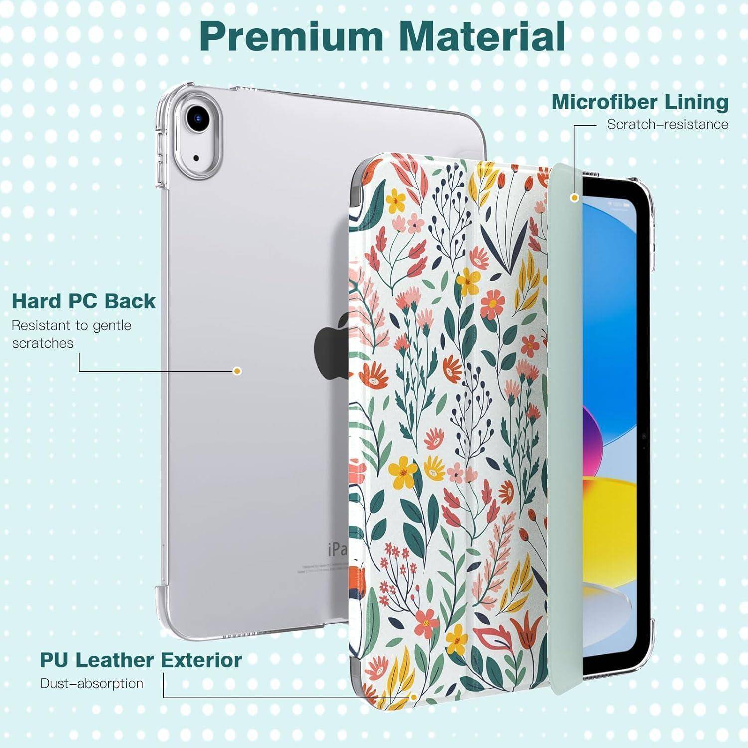 iPad-Hülle mit Blumendesign, ausgestattet mit einer harten PC-Rückseite für Kratzfestigkeit, Innenfutter aus Mikrofaser für zusätzlichen Schutz und PU-Lederaußenseite zum Staubabsorbieren.