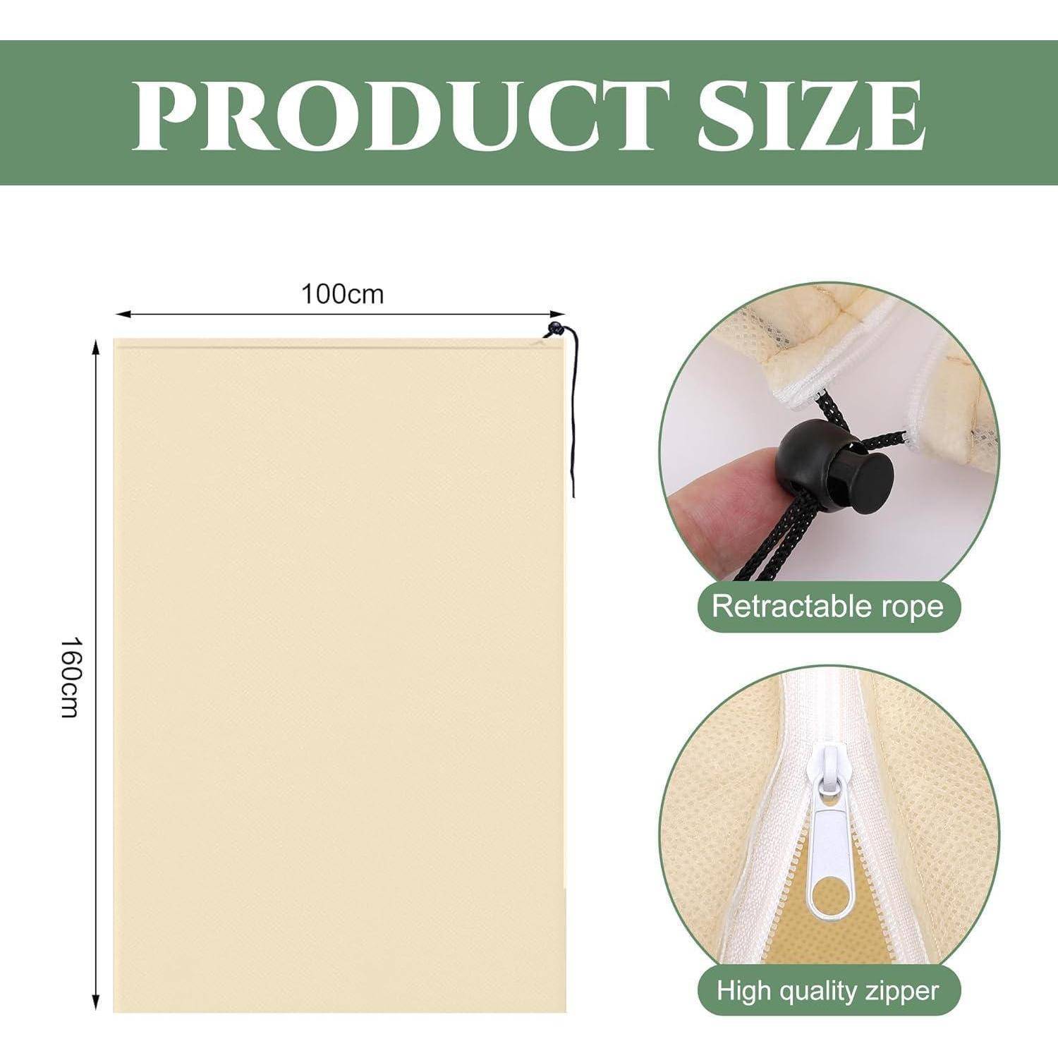 Produktgröße' Abbildung einer beigen Tasche, die 160 cm x 100 cm misst. Merkmale umfassen ein einziehbares Seil und einen hochwertigen Reißverschluss.