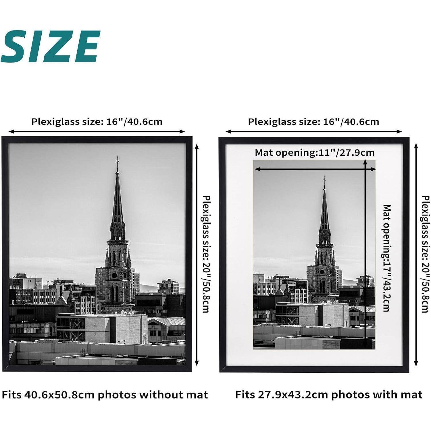 Zwei schwarze Rahmen, die vor einem weißen Hintergrund präsentiert werden und unterschiedliche Größen zeigen. Links: Vollrahmen; Rechts: Rahmen mit Passepartout, der veranschaulicht, wie Fotos in jedem Rahmen platziert werden.