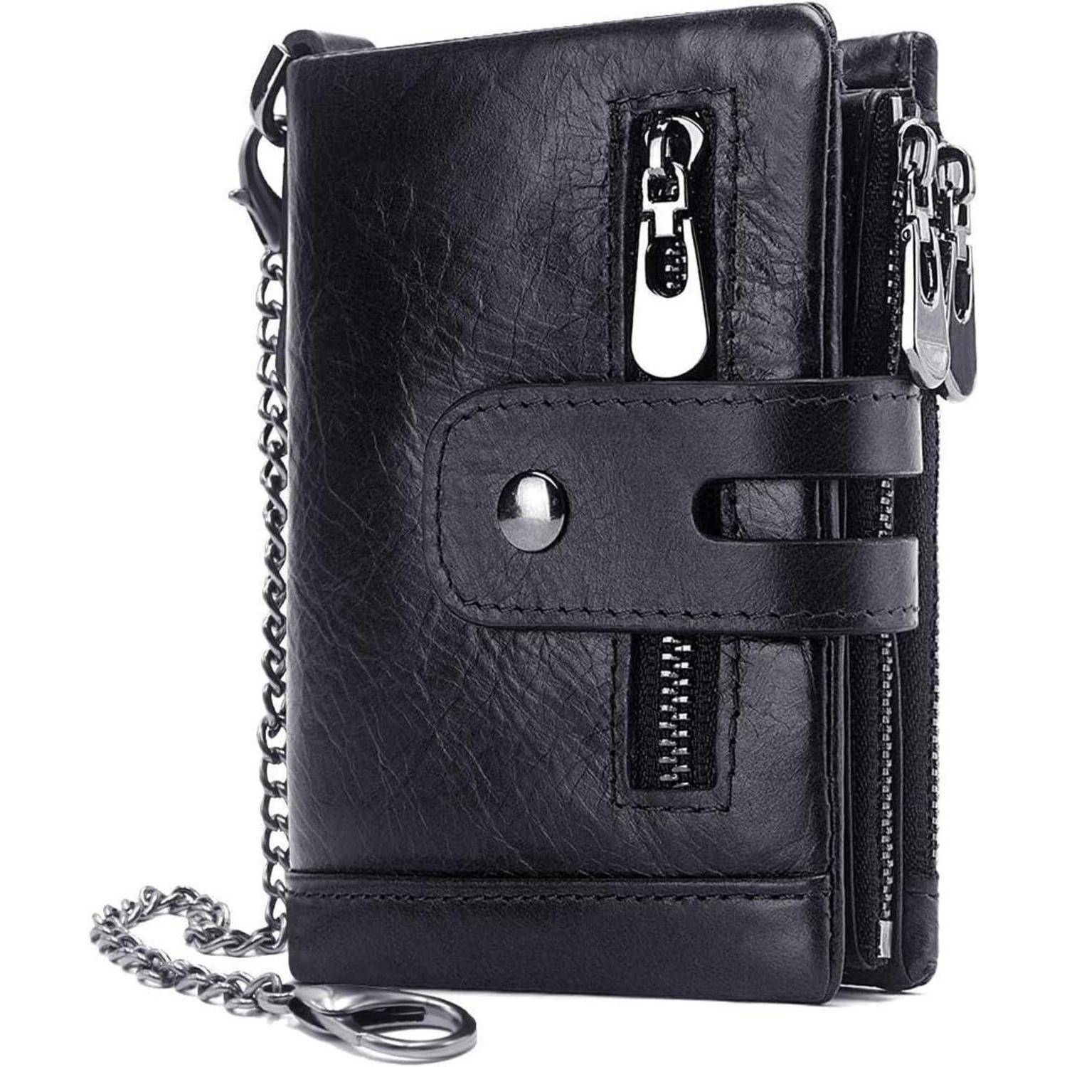 Ein schwarzes Lederbörse mit mehreren Reißverschlussfächern und einer angehängten Kette, die ein schlankes und funktionales Design präsentiert.