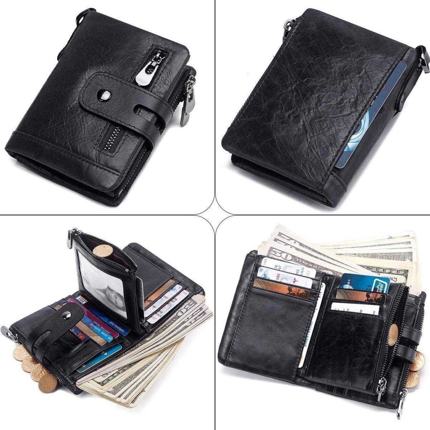 Vier Bilder einer schwarzen Lederbrieftasche: geschlossen mit Reißverschluss und Druckknopf; mit mehreren Kartenfächern, Fächern für Bargeld; und einem Münzfach.