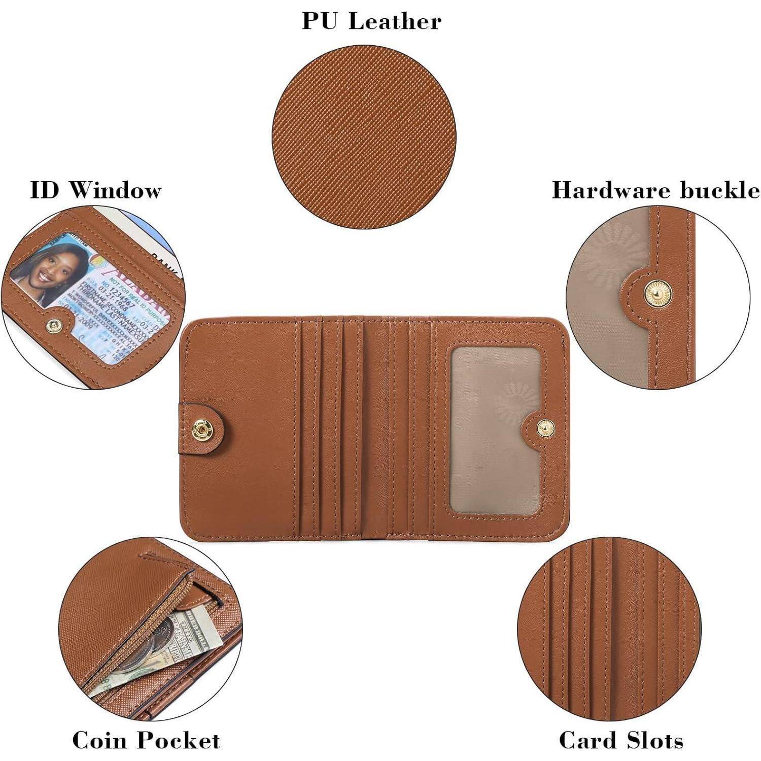 Braune PU-Lederbrieftasche mit ID-Fenster, Metallschnalle, Münzfach und Kartenfächern. Kreisrunde Detailaufnahmen zeigen Material und Merkmale.