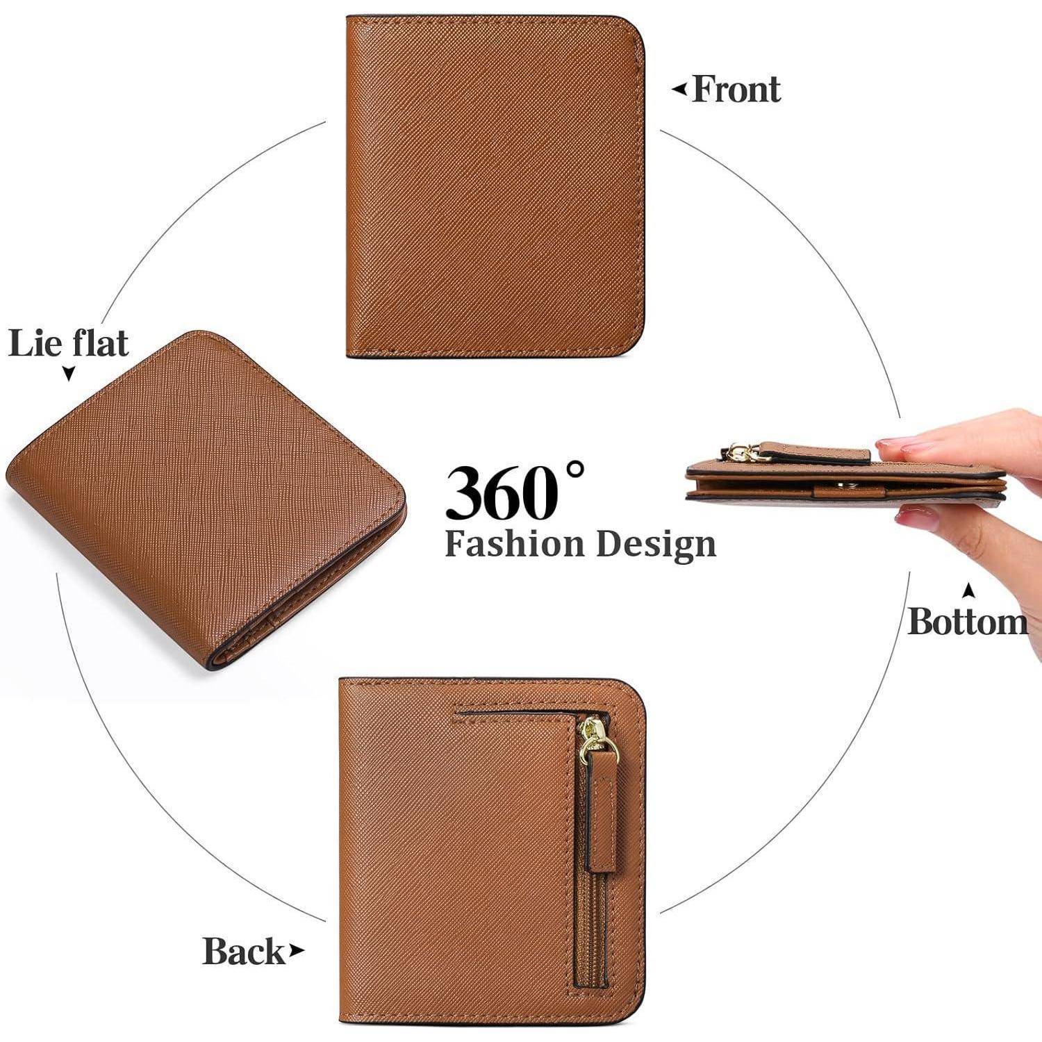 360° Mode Design' braune Geldbörse, von vorne, hinten und von unten gezeigt. Inklusive einer Winkelansicht, die sie flach liegend darstellt.