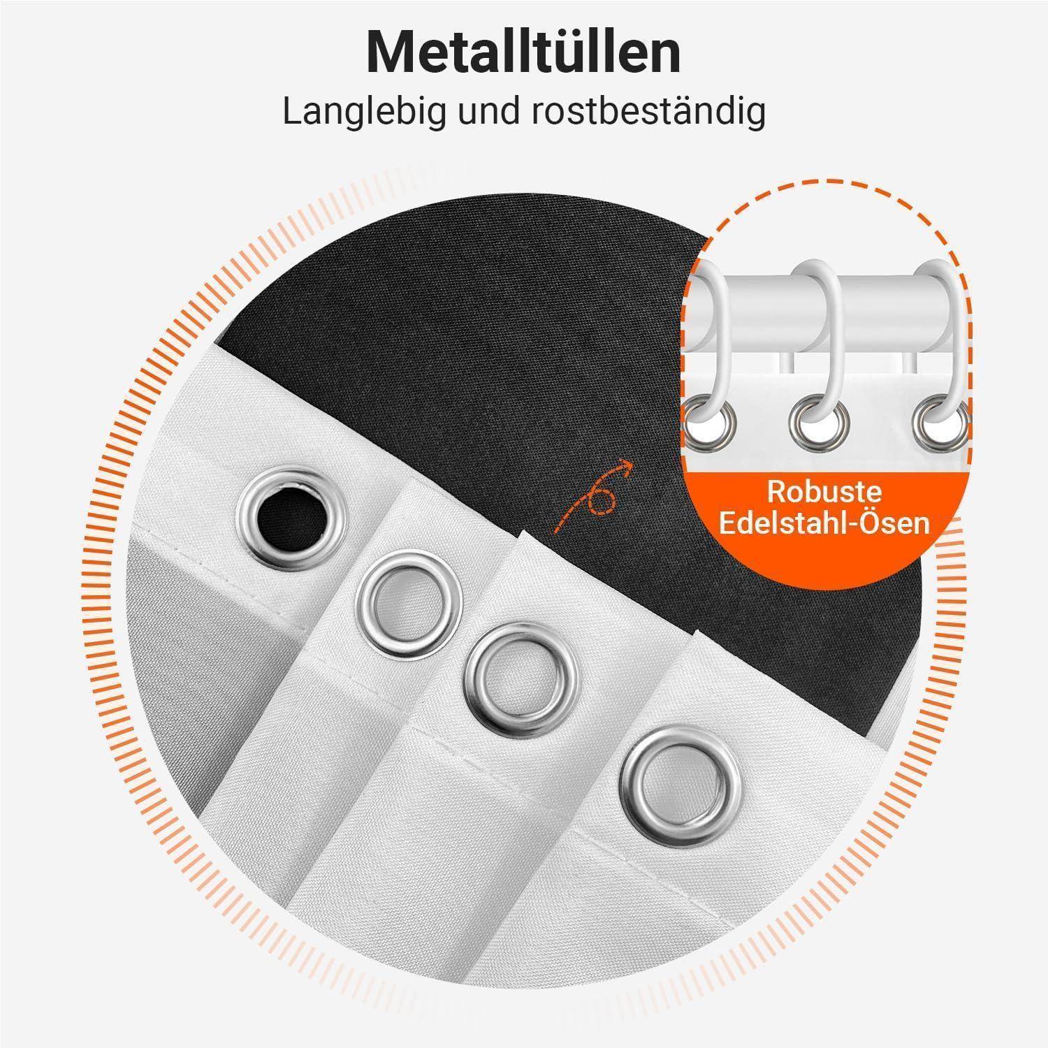 Kreisförmiges Bild, das einen schwarz-weißen Stoff mit Metallösen zeigt. Text lautet: 'Metalltüllen', 'Langlebig und rostbeständig', und 'Robuste Edelstahl-Ösen'.