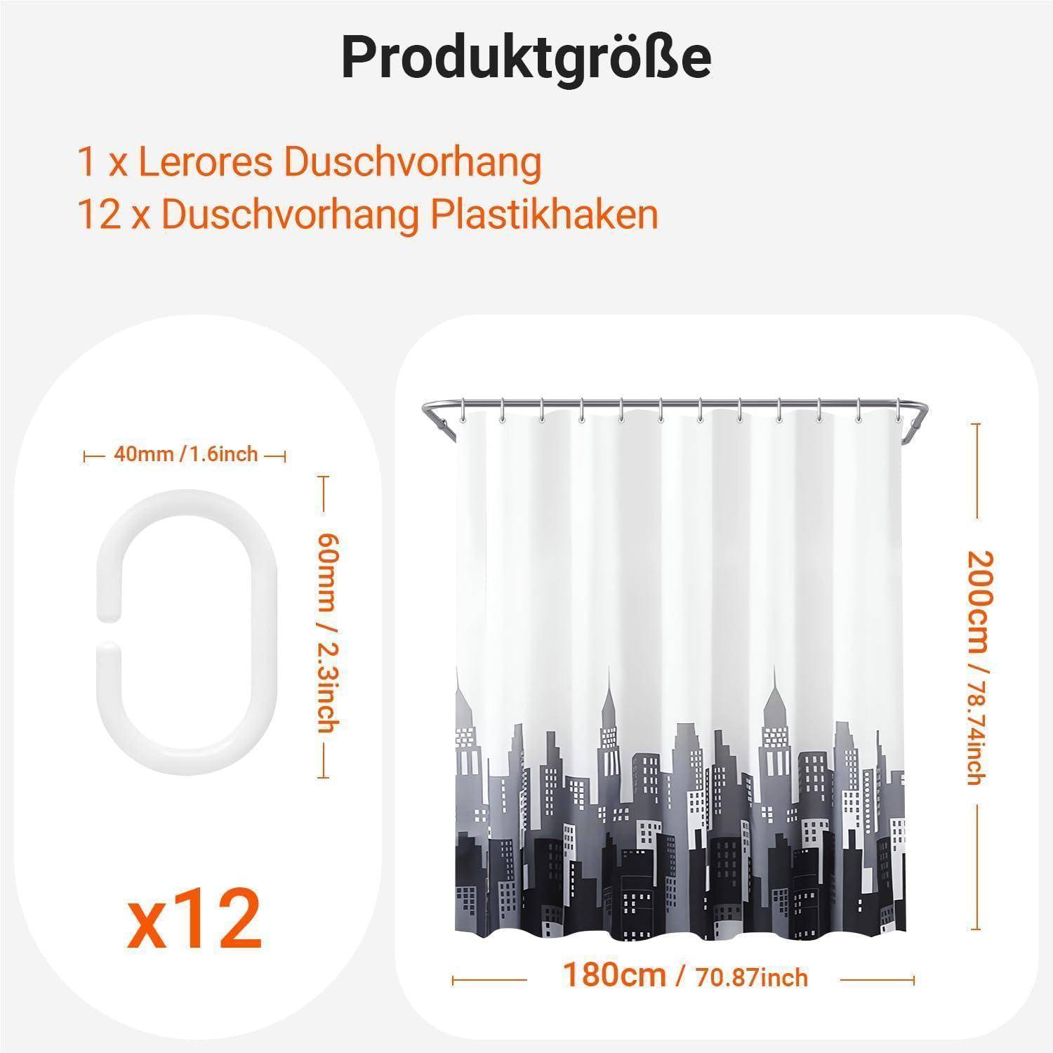 Duschvorhang mit Stadtsilhouette-Design, Produktgröße 200 cm x 180 cm, inklusive 12 Kunststoffhaken, je 60 mm x 40 mm.