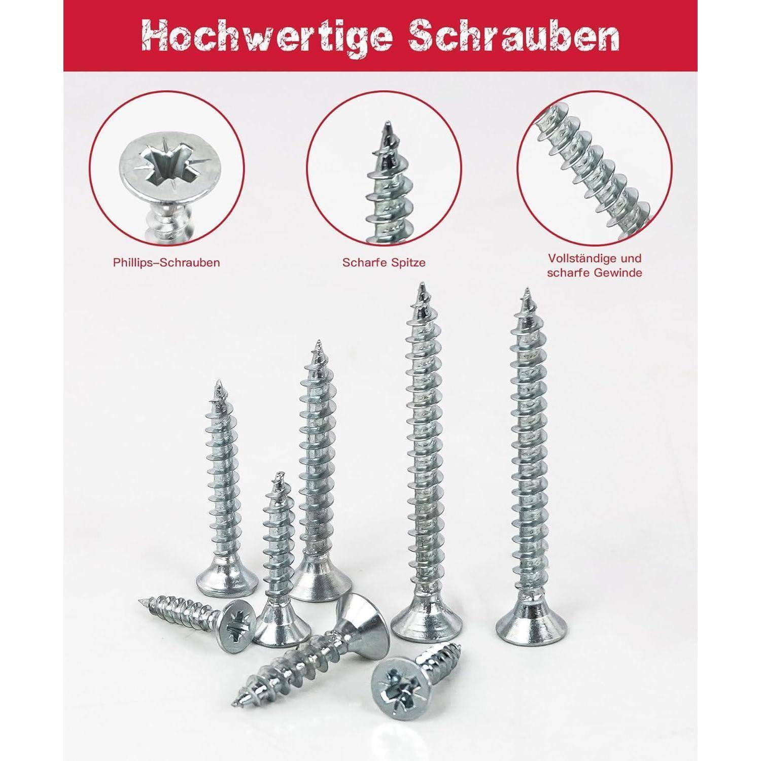 Schrauben mit verschiedenen Designs und Längen vor einem weißen Hintergrund dargestellt; beschriftet: Kreuzschliffkopf, scharfe Spitze, volle Gewindegänge.