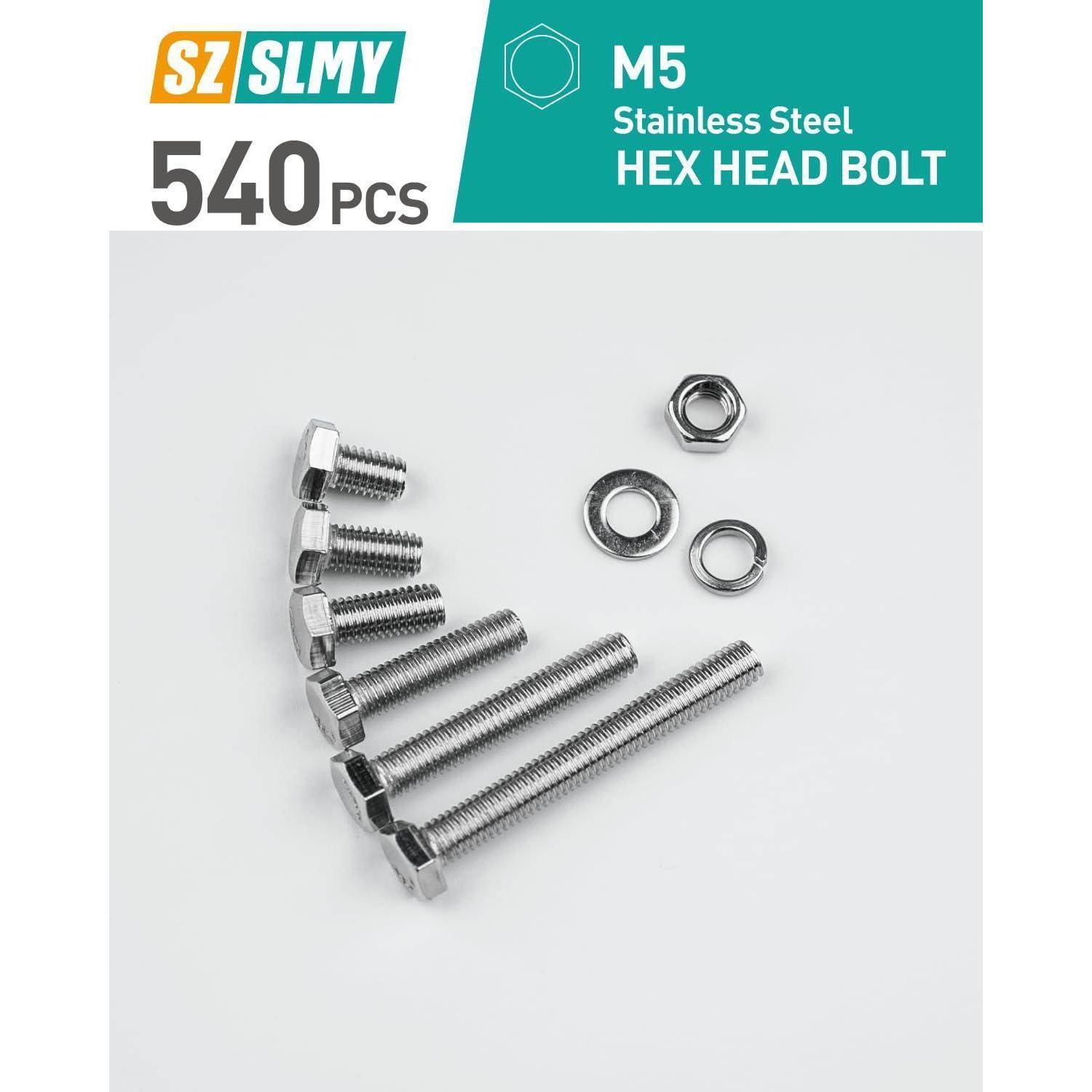 540 Stück Edelstahl M5 Sechskantschrauben mit Unterlegscheiben und Muttern.