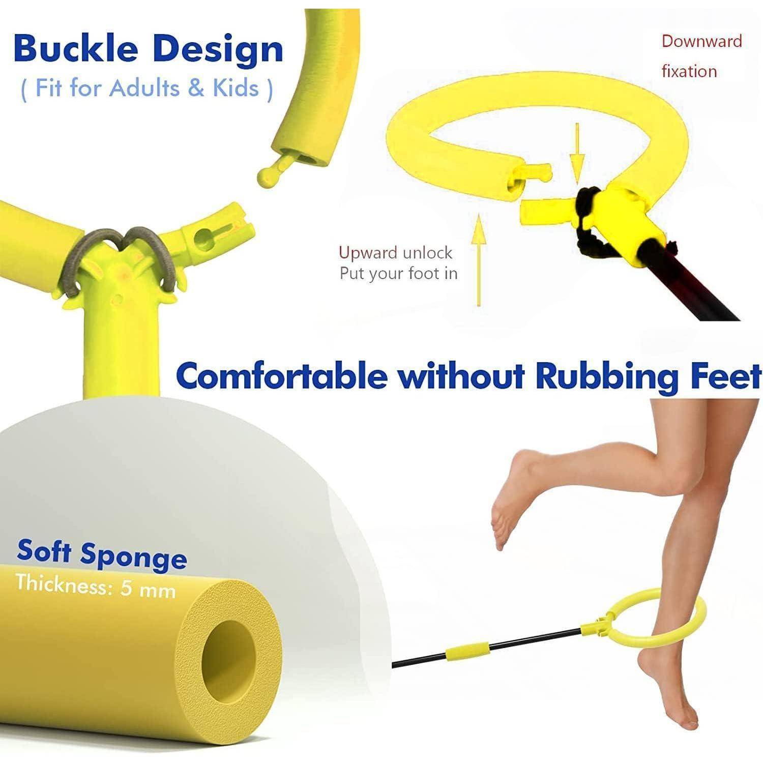 Gelber Fußmassagegerät mit Schnallendesign und weichem Schwamm. Bietet einen Mechanismus zum Hochklappen. 