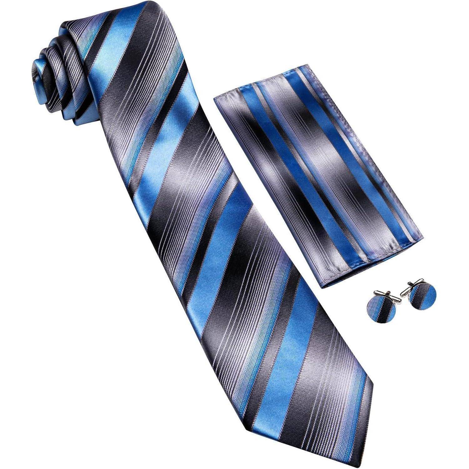 Ein Herren-Accessoire-Set bestehend aus einer blau und schwarz gestreiften Krawatte, einem passenden Einstecktuch und einem Paar runder Manschettenknöpfe.
