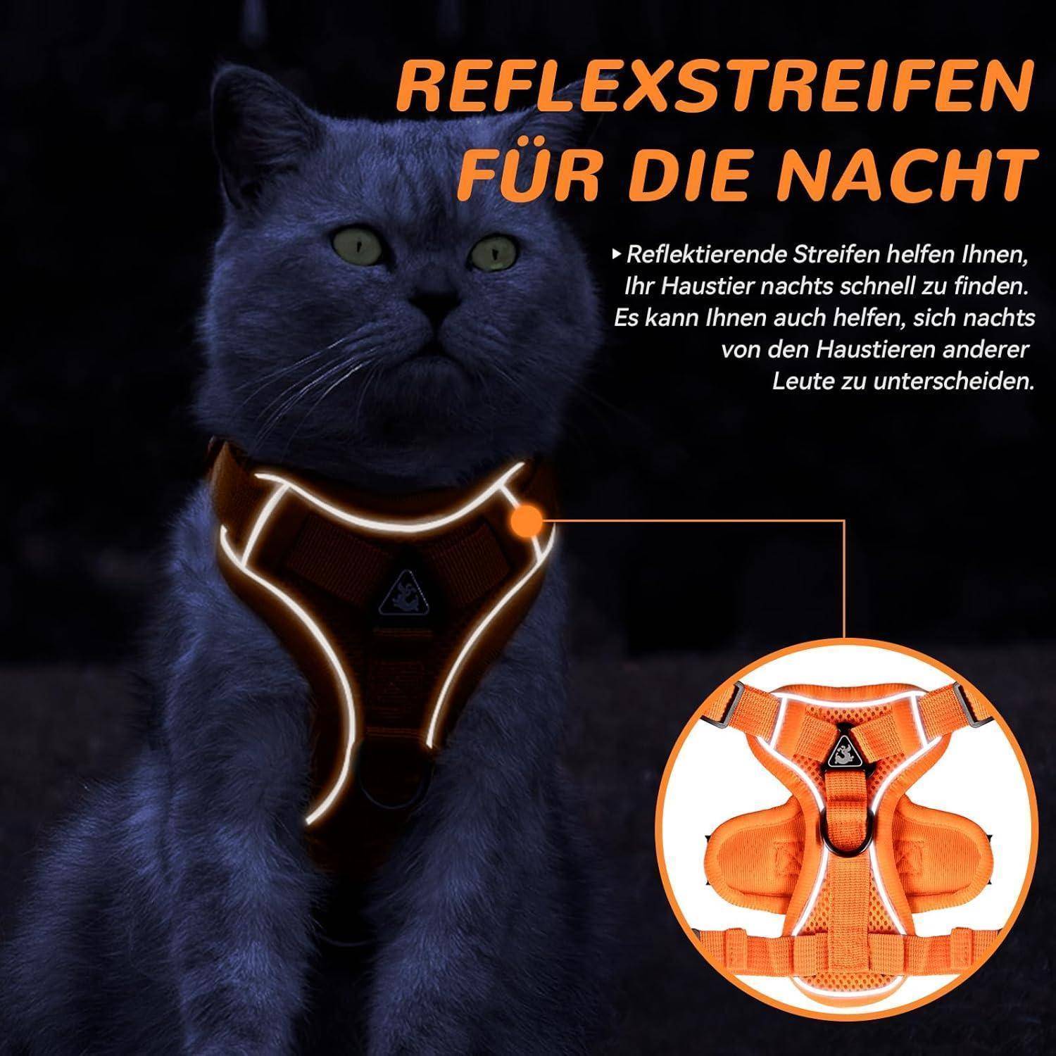 Eine Katze mit einem Neon-Geschirr, das für Sichtbarkeit in der Nacht entwickelt wurde. Text auf Deutsch erklärt, dass es hilft, Haustiere in der Dunkelheit zu finden.