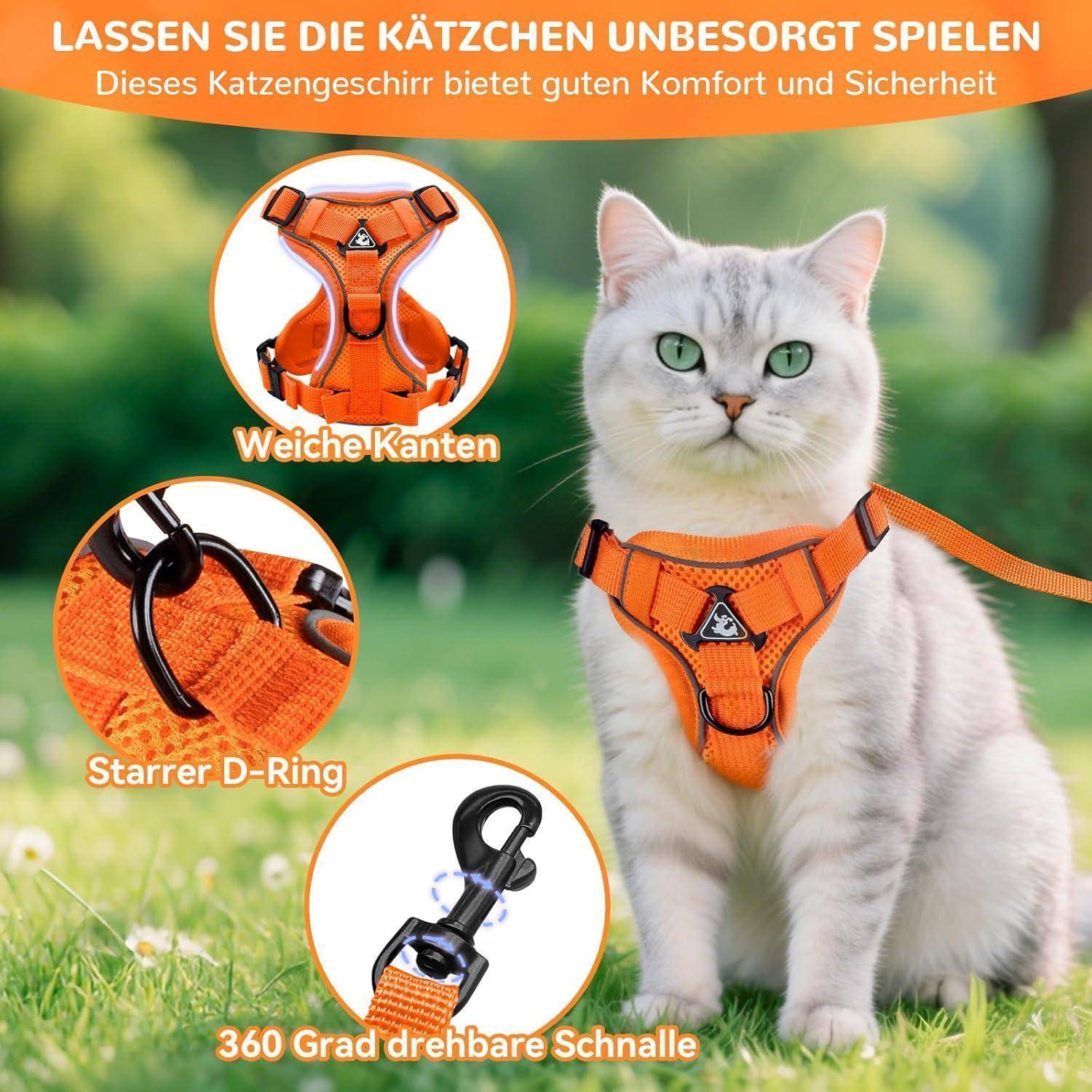 Eine weiße Katze, die draußen ein orangefarbenes Geschirr trägt. Text auf Deutsch bewirbt die Komfort- und Sicherheitsmerkmale des Geschirrs und hebt dessen Komponenten hervor.