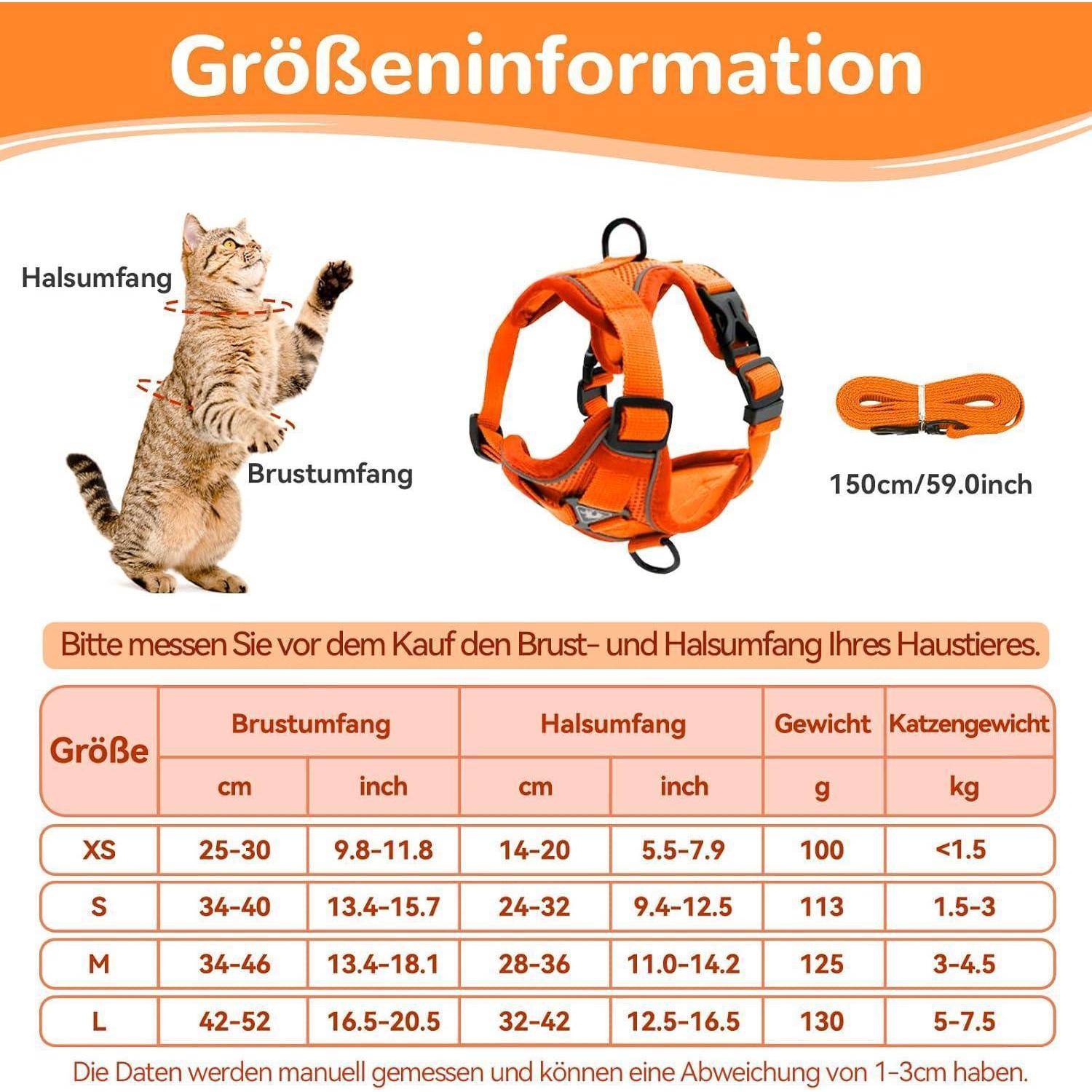 Katzengeschirr verstellbar ausbruchsicher Softgeschirr S orange Farbe
