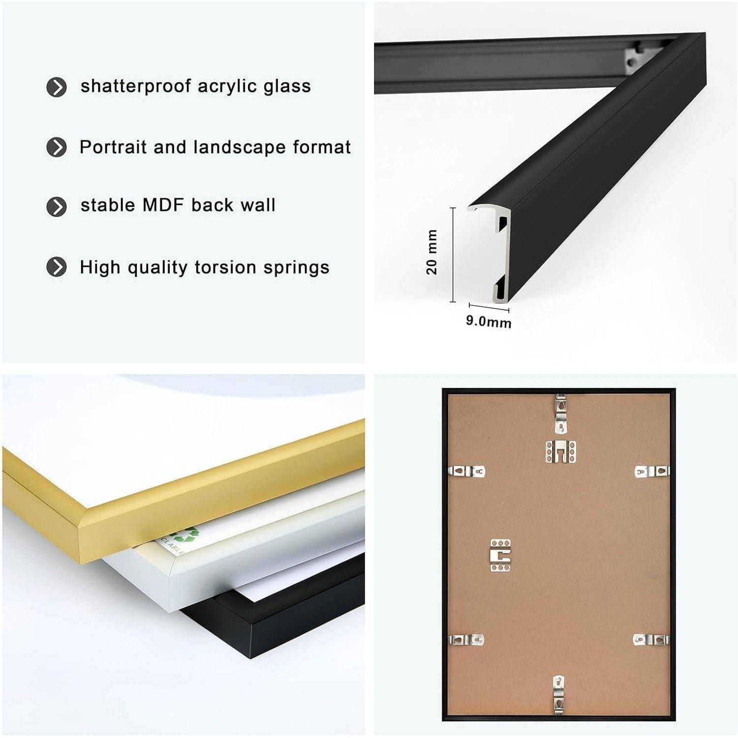 Vier Bildsektionen, die Rahmen mit splitterfreiem Acrylglas in Hoch- und Querformat zeigen, mit stabiler MDF-Rückwand und Torsionsfedern.