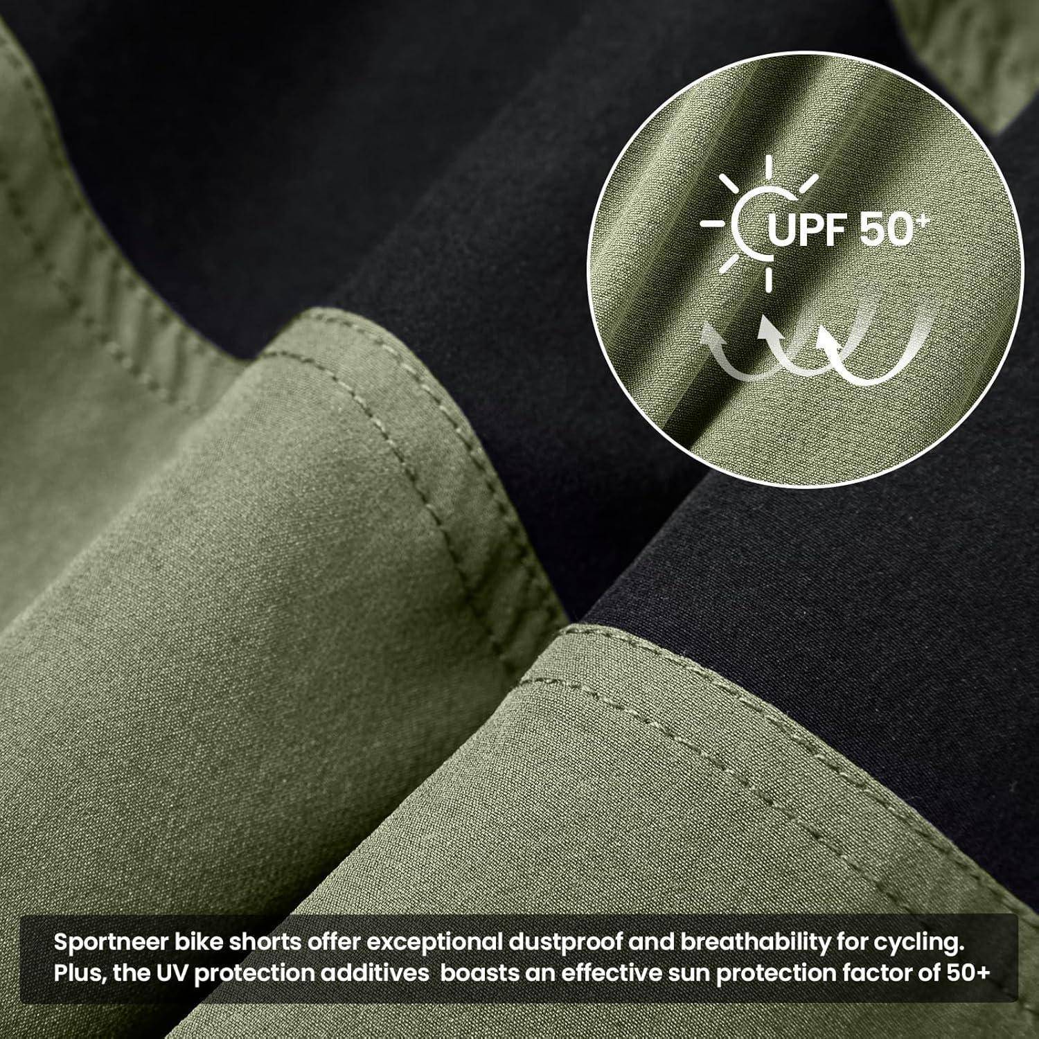 Das Bild zeigt Sportneer Fahrradshorts mit einem Etikett, das ‚UPF 50+' anzeigt und den UV-Schutz hervorhebt. Der Text erwähnt die staubabweisenden und atmungsaktiven Eigenschaften der Shorts für das Radfahren.