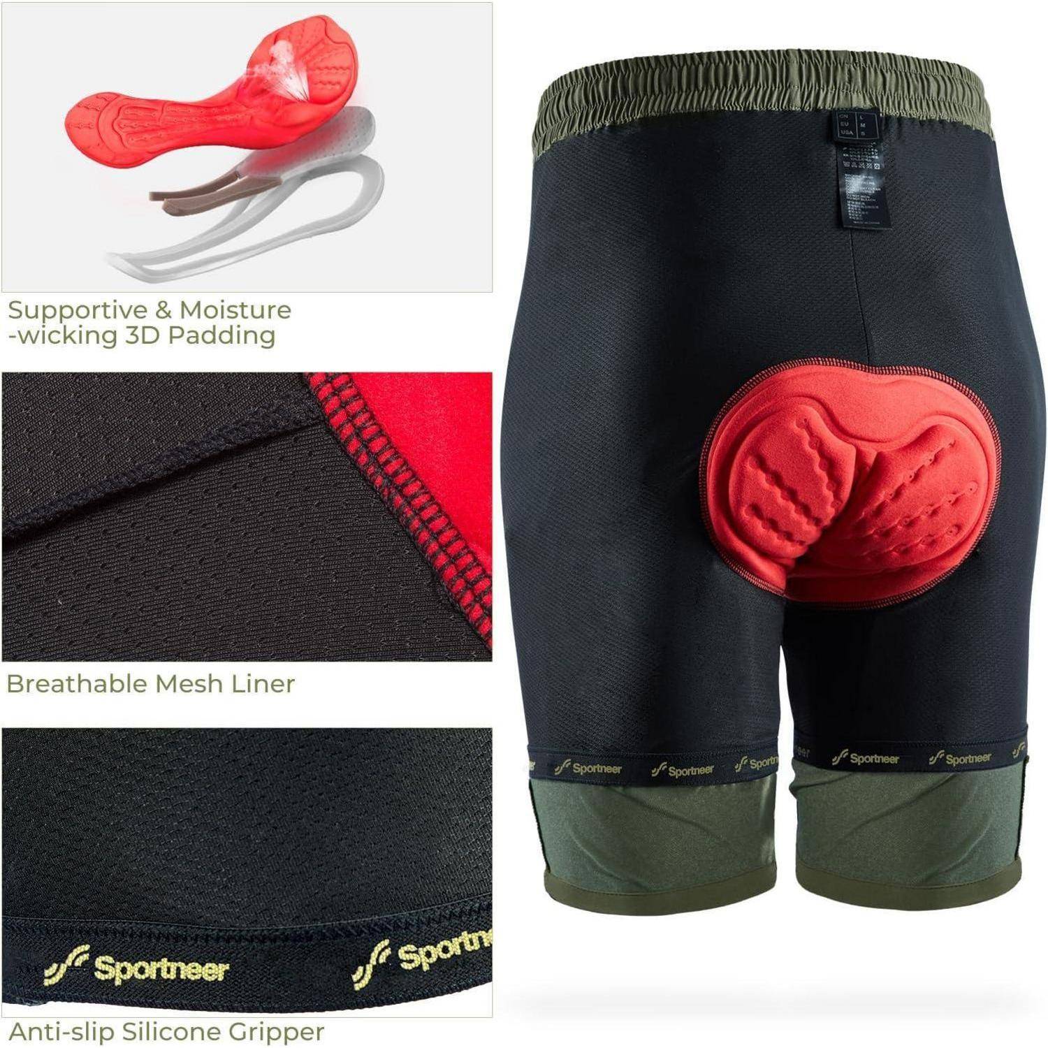 Herren-Radhose mit rotem 4D-Polster, atmungsaktivem Mascheneinleger, feuchtigkeitsableitender Stoffqualität und rutschfestem Silikongriff.