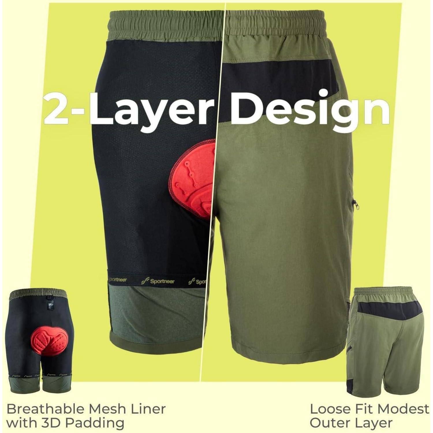 Radsportshorts im '2-Layer-Design' mit atmungsaktivem Mesh-Futter und 3D-Polsterung im Inneren sowie einer lockeren, dezenten äußeren Schicht, von vorne und hinten dargestellt.