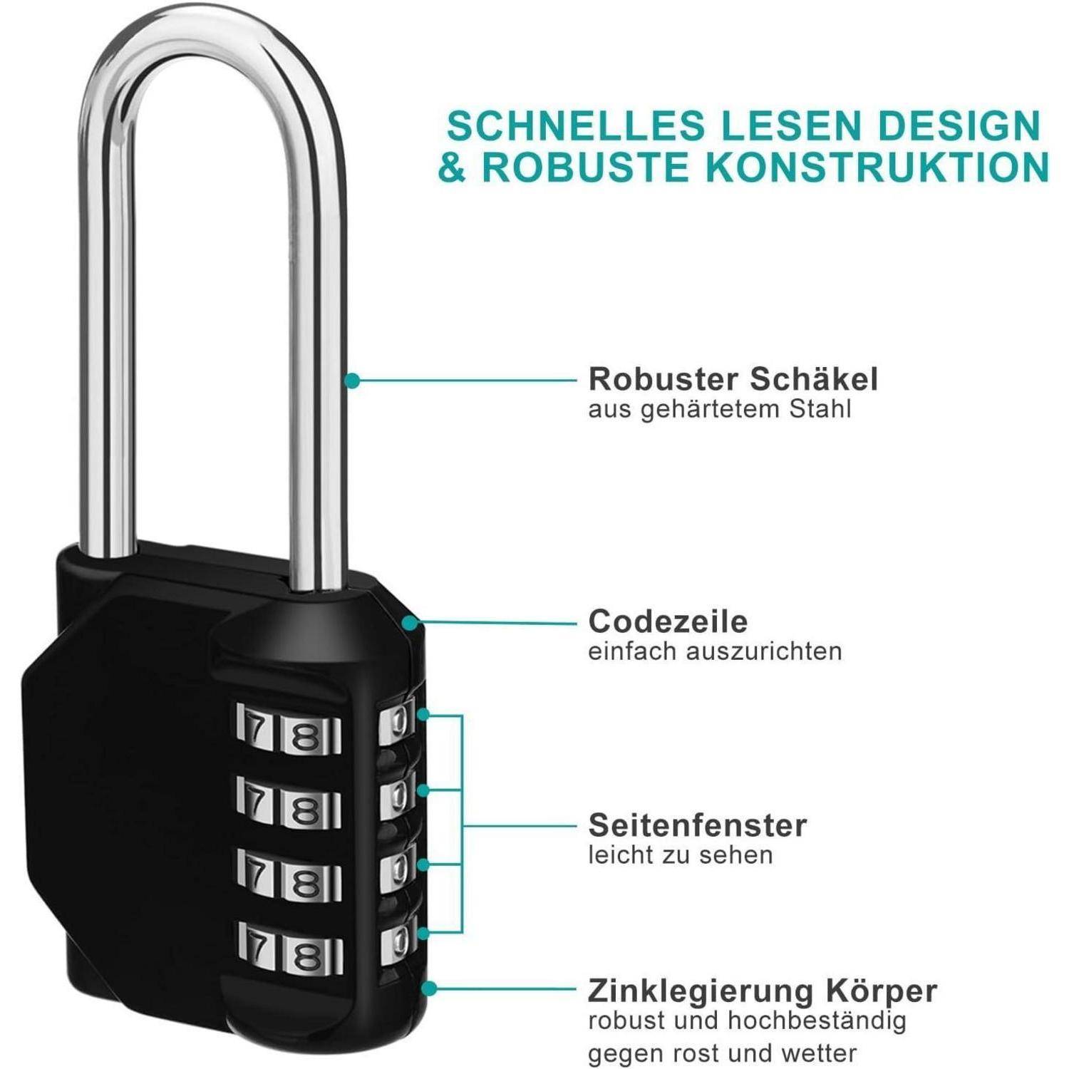 Ein schwarzer Kombinationsvorhängeschloss mit einem robusten Bügel und leicht ablesbaren Codefenstern, beschrieben als Schloss mit einem stabilen Zinkgehäuse.