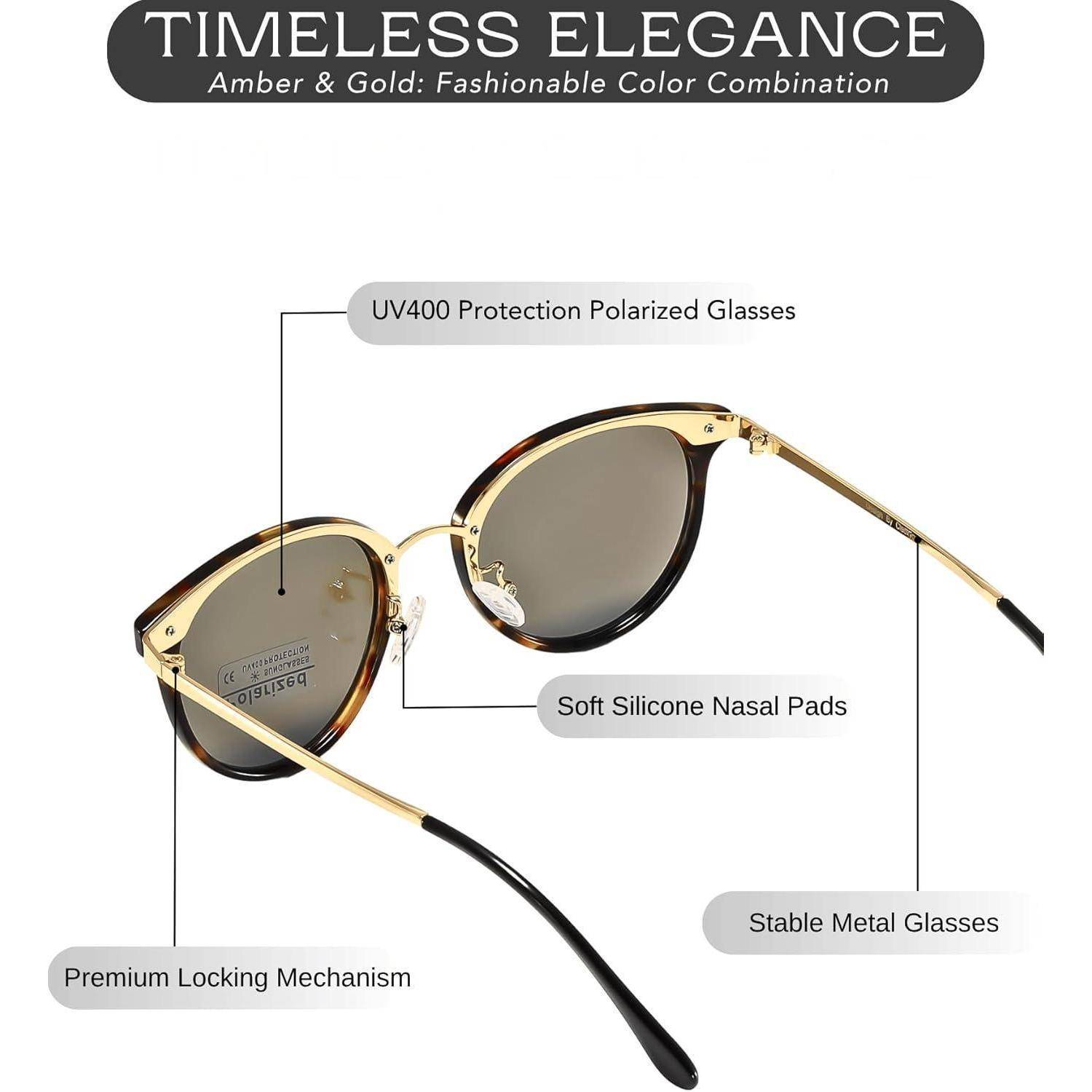 Sonnenbrille mit goldenen Rahmen und bernsteinfarbenen Gläsern, gekennzeichnet mit den Merkmalen: 'UV400 Schutz Polarisierte Gläser', 'Weiche Silikon-Nasenpolster', 'Premium-Verschließmechanismus', 'Stabile Metallbrille'.