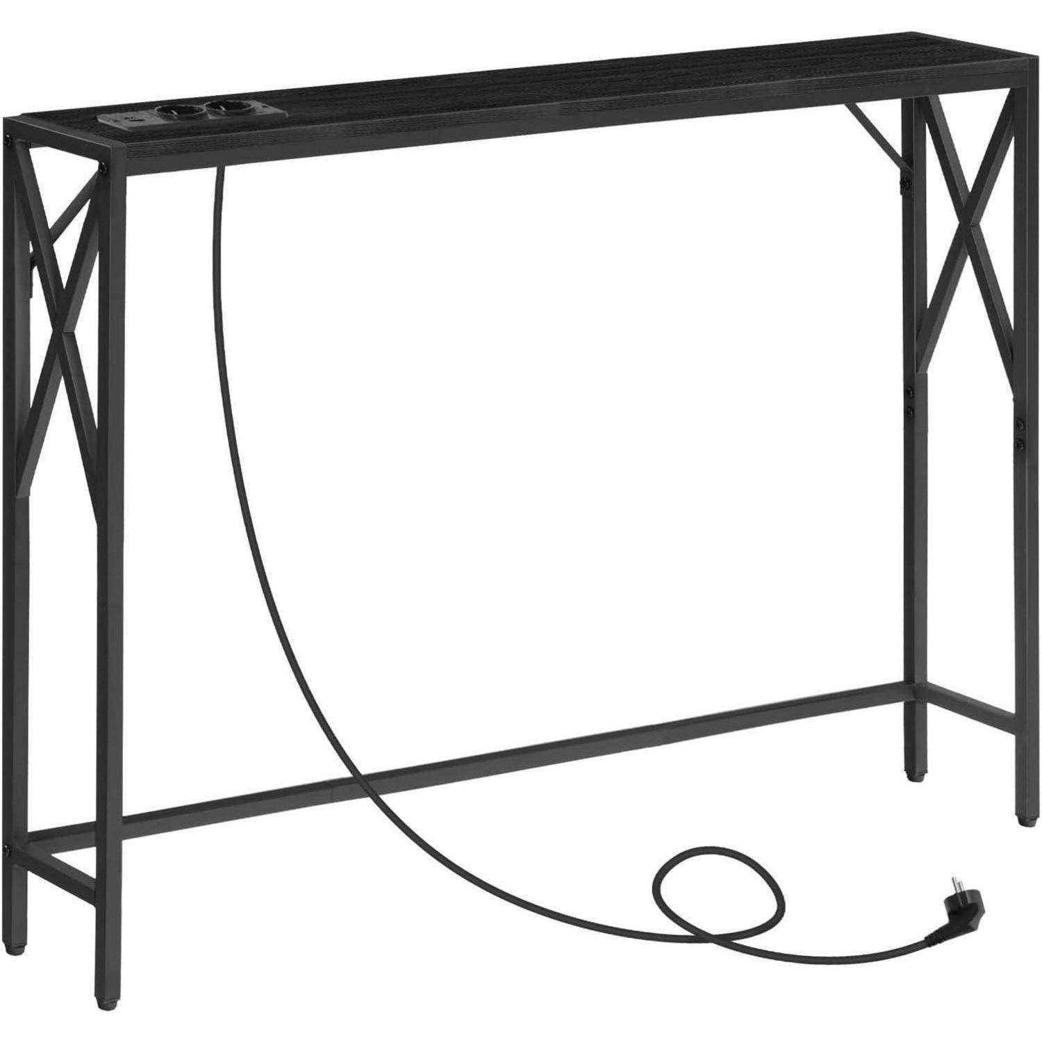 Ein schwarzer Metalltisch mit Konsole, ausgestattet mit einer rechteckigen Tischplatte und einem integrierten Stromverteiler, dargestellt mit einem herunterhängenden, nicht angeschlossenen Kabel.