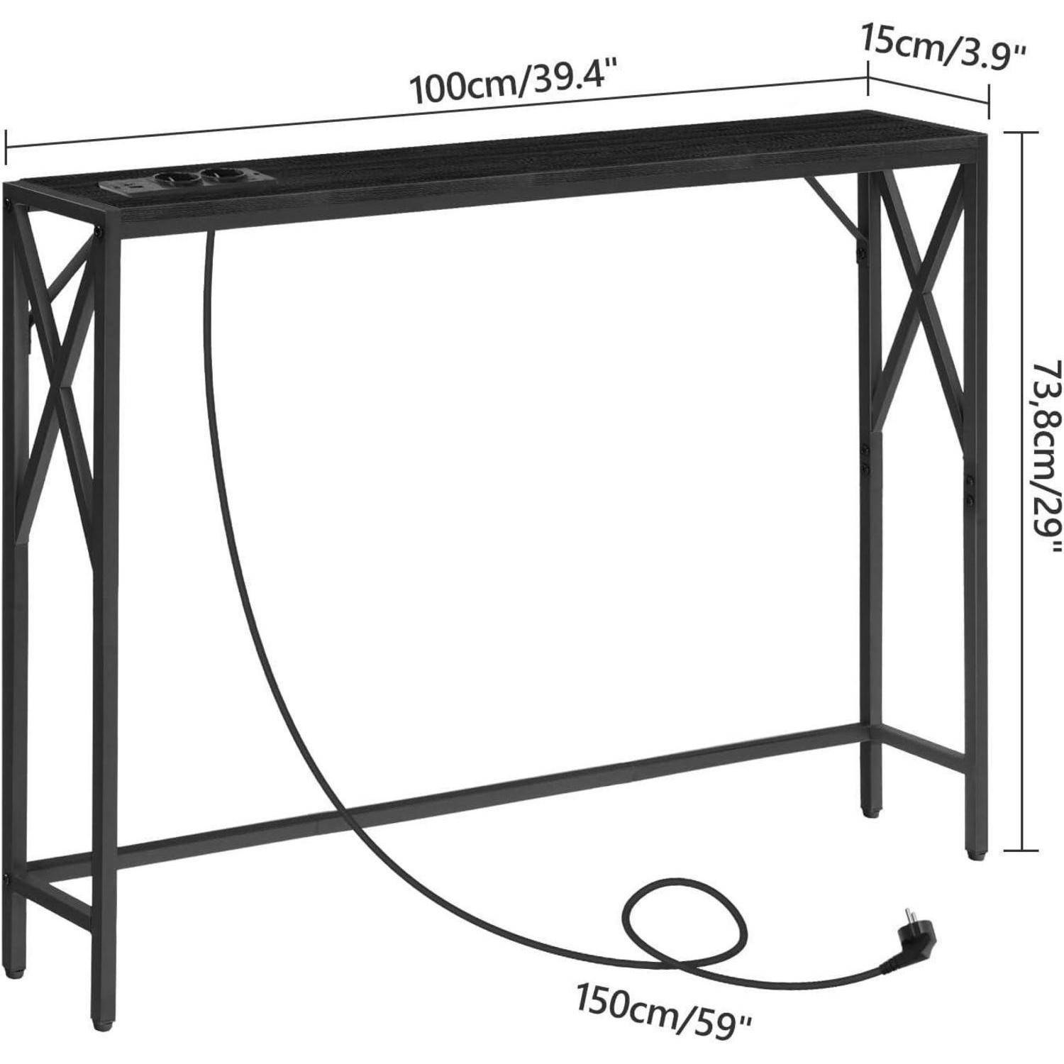 Ein schwarzer Metallkonsoltisch mit den Maßen: 100 cm breit, 15 cm tief und 73,8 cm hoch. Er verfügt über eine integrierte Steckdosenleiste mit Kabel.